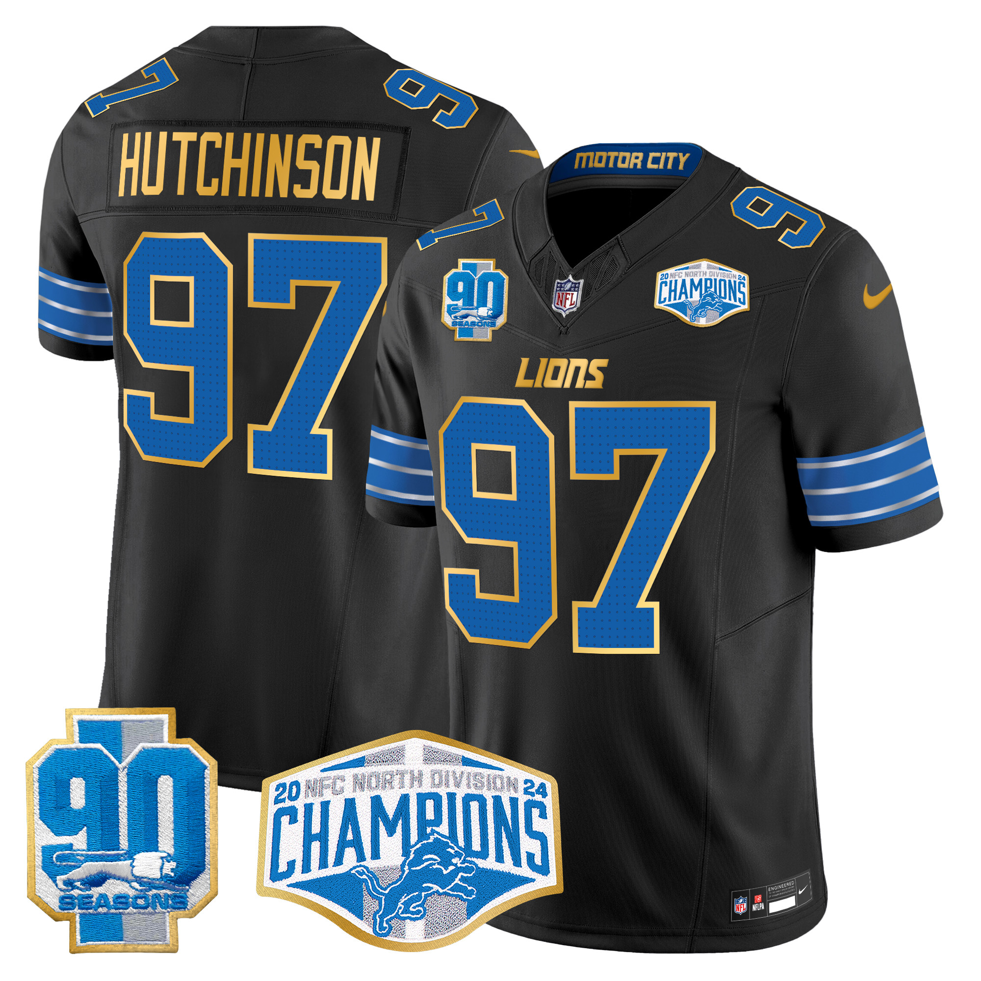 Hutchinson Men's Detroit Lions 2024 NFC North Division Champions Patch Gold Trim Vapor Limited Black Jersey - All Stitched