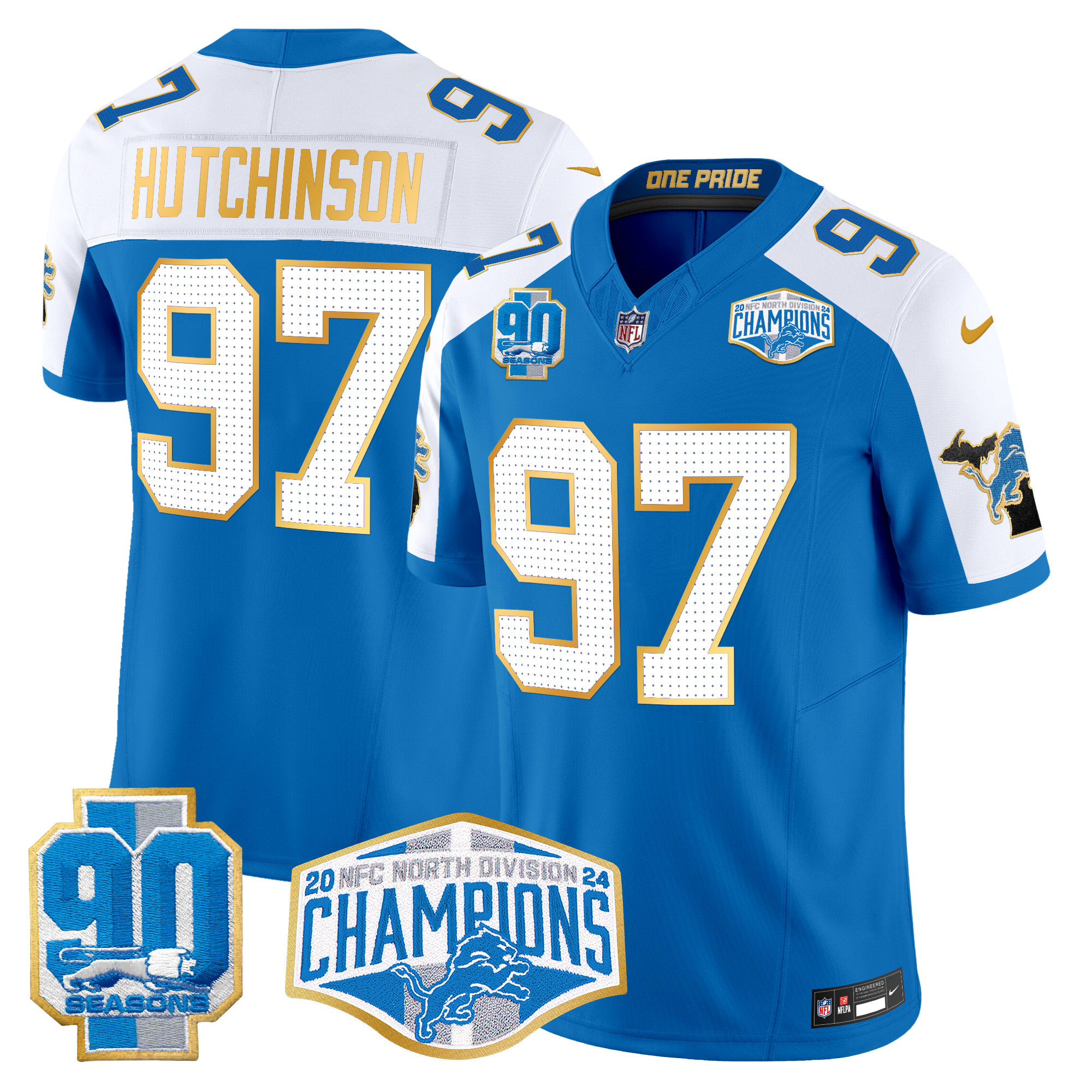 Hutchinson Men's Detroit Lions 2024 NFC North Division Champions Patch Gold Trim Vapor Limited Blue Alternate Jersey - All Stitched