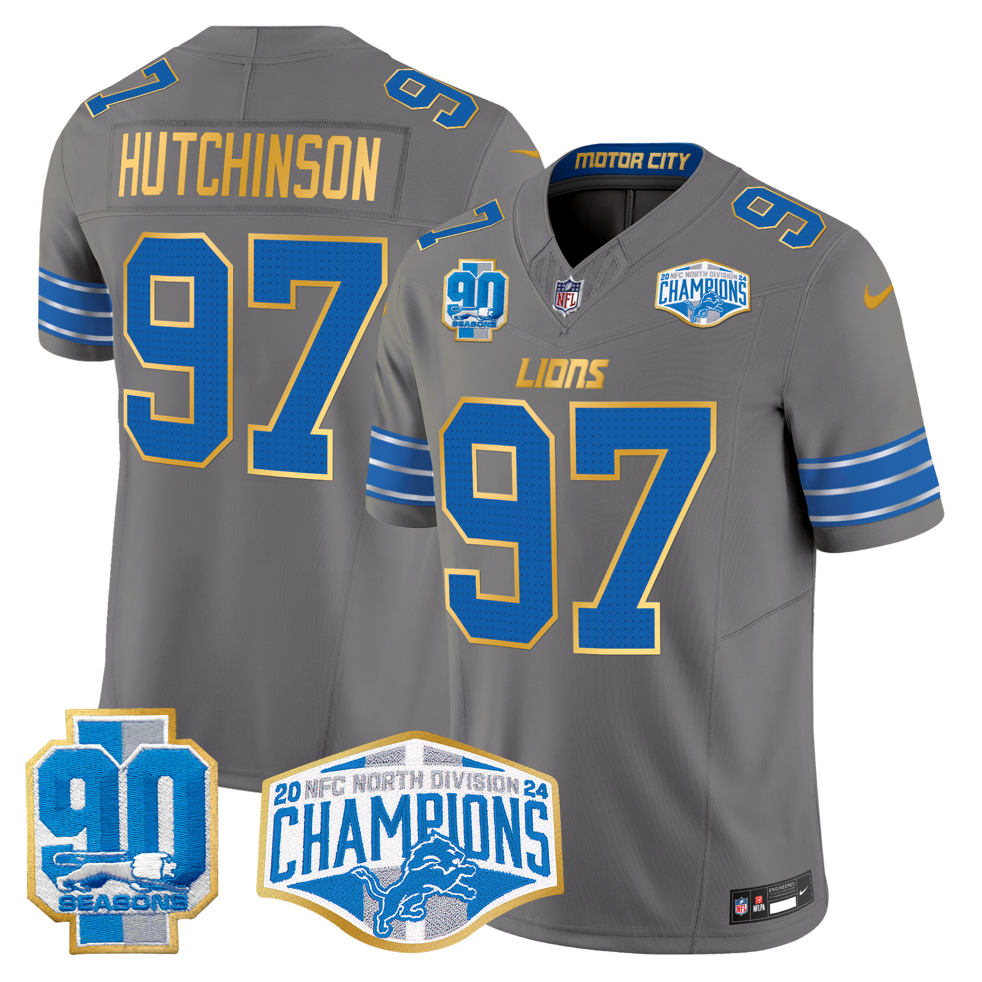 Hutchinson Men's Detroit Lions 2024 NFC North Division Champions Patch Gold Trim Vapor Limited Gray Jersey - All Stitched