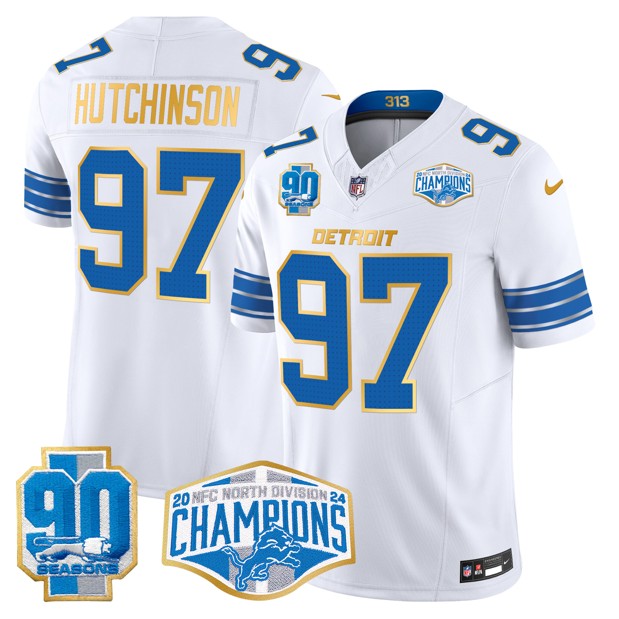 Hutchinson Men's Detroit Lions 2024 NFC North Division Champions Patch Gold Trim Vapor Limited White Jersey - All Stitched
