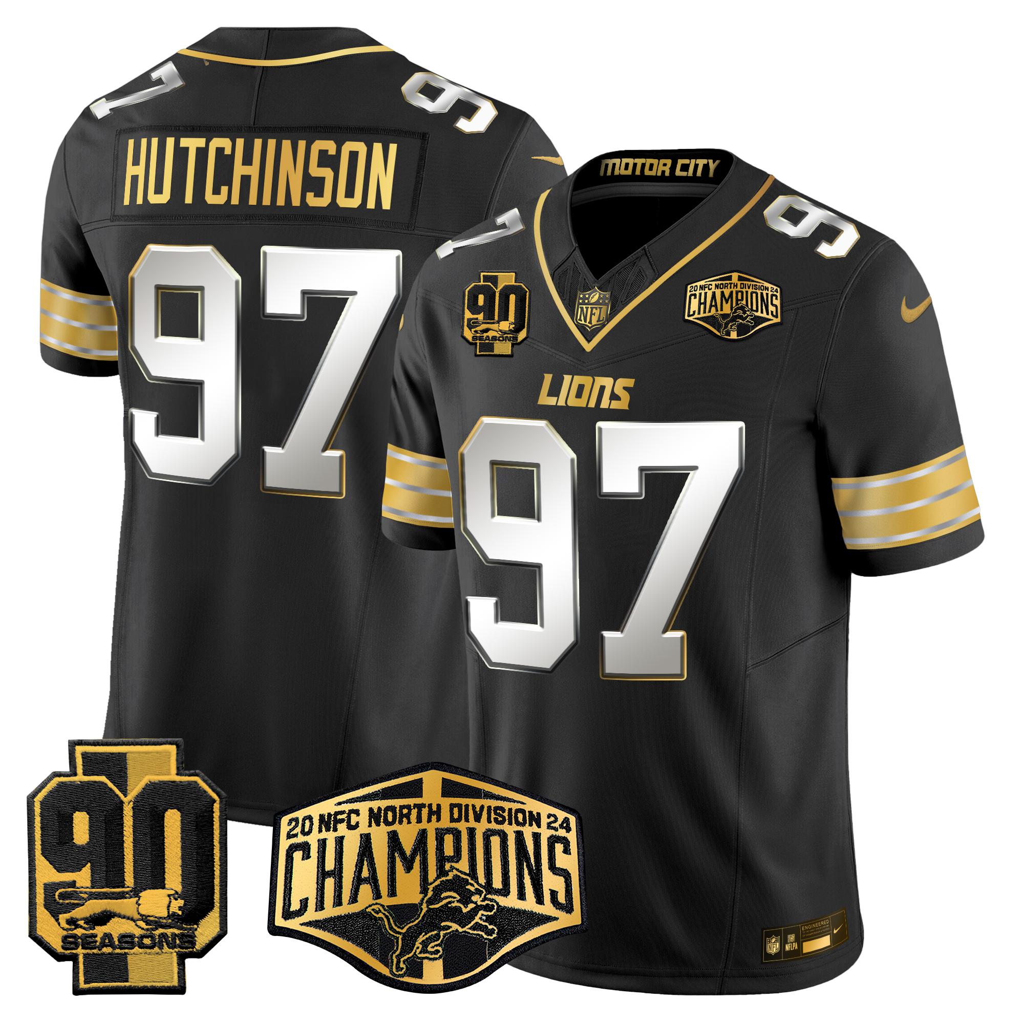 Hutchinson Men's Detroit Lions 2024 NFC North Division Champions Patch Gold Vapor Limited Black Limited Jersey - All Stitched
