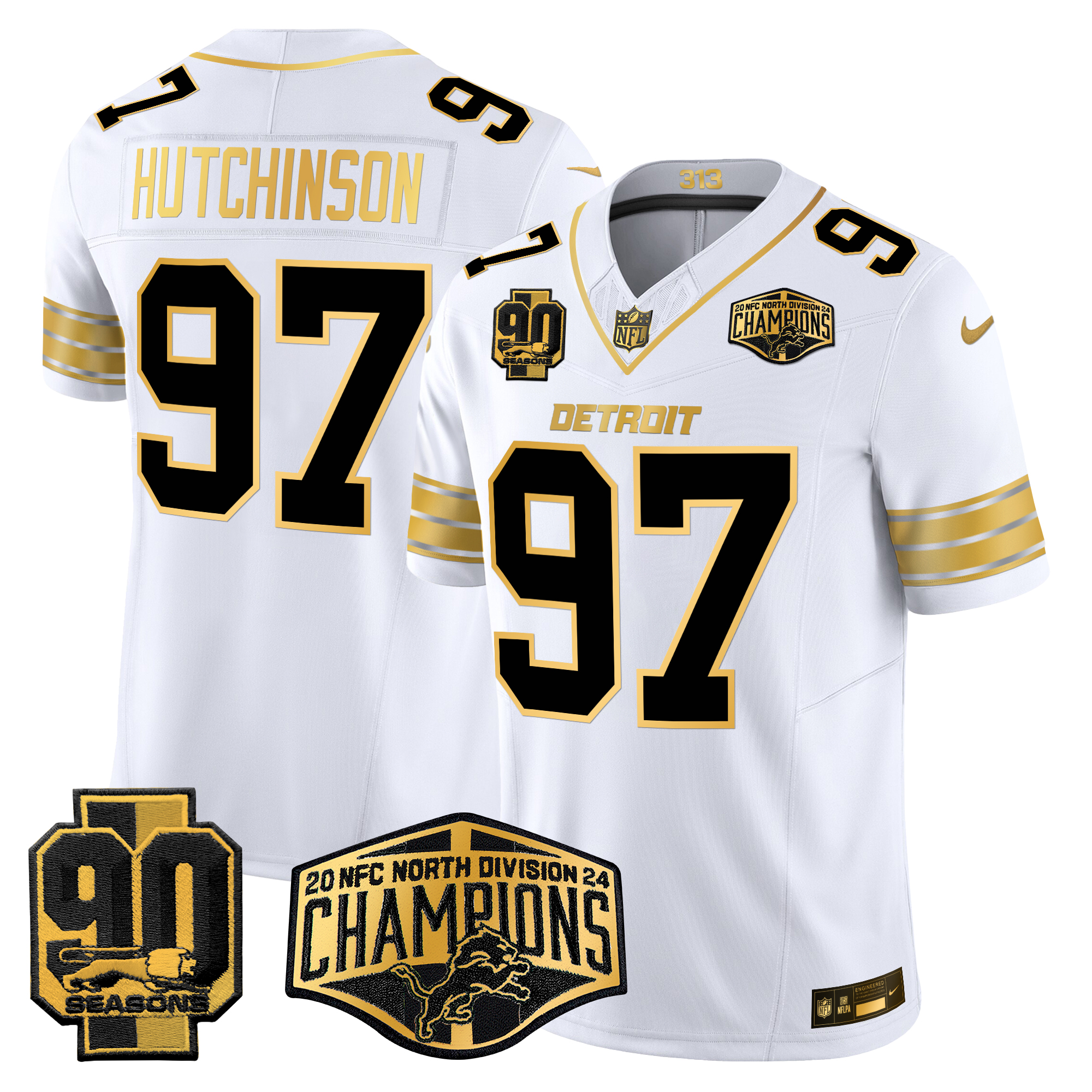 Hutchinson Men's Detroit Lions 2024 NFC North Division Champions Patch Gold Vapor Limited White Gold Jersey - All Stitched