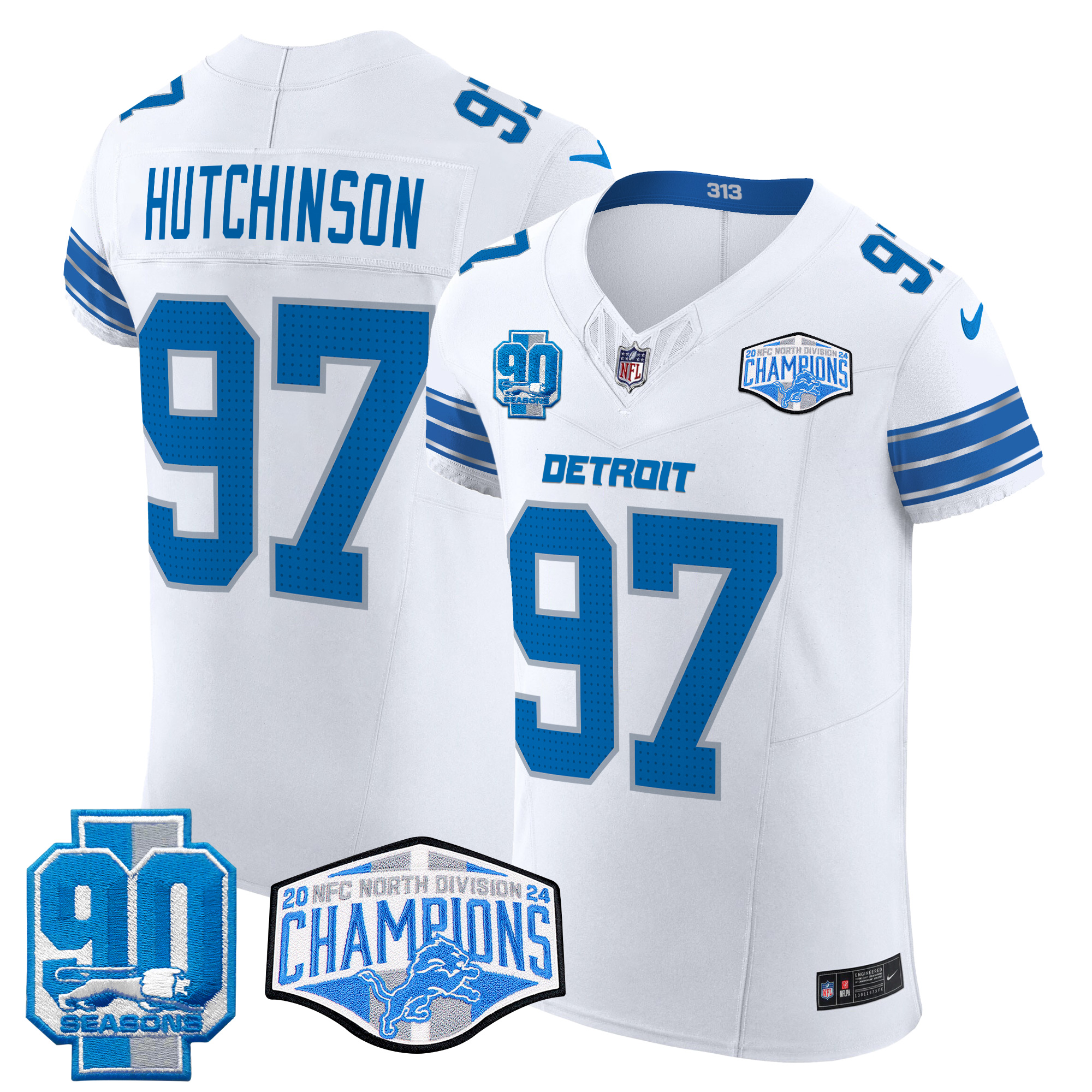 Hutchinson Men's Detroit Lions 2024 NFC North Division Champions Patch Vapor Elite White Jersey - All Stitched