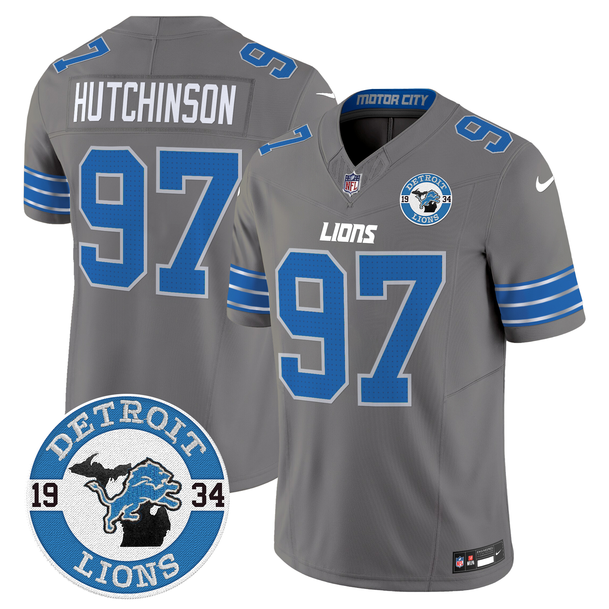 Hutchinson Men's Detroit Lions 2024 Vapor Limited Gray Jersey - All Stitched
