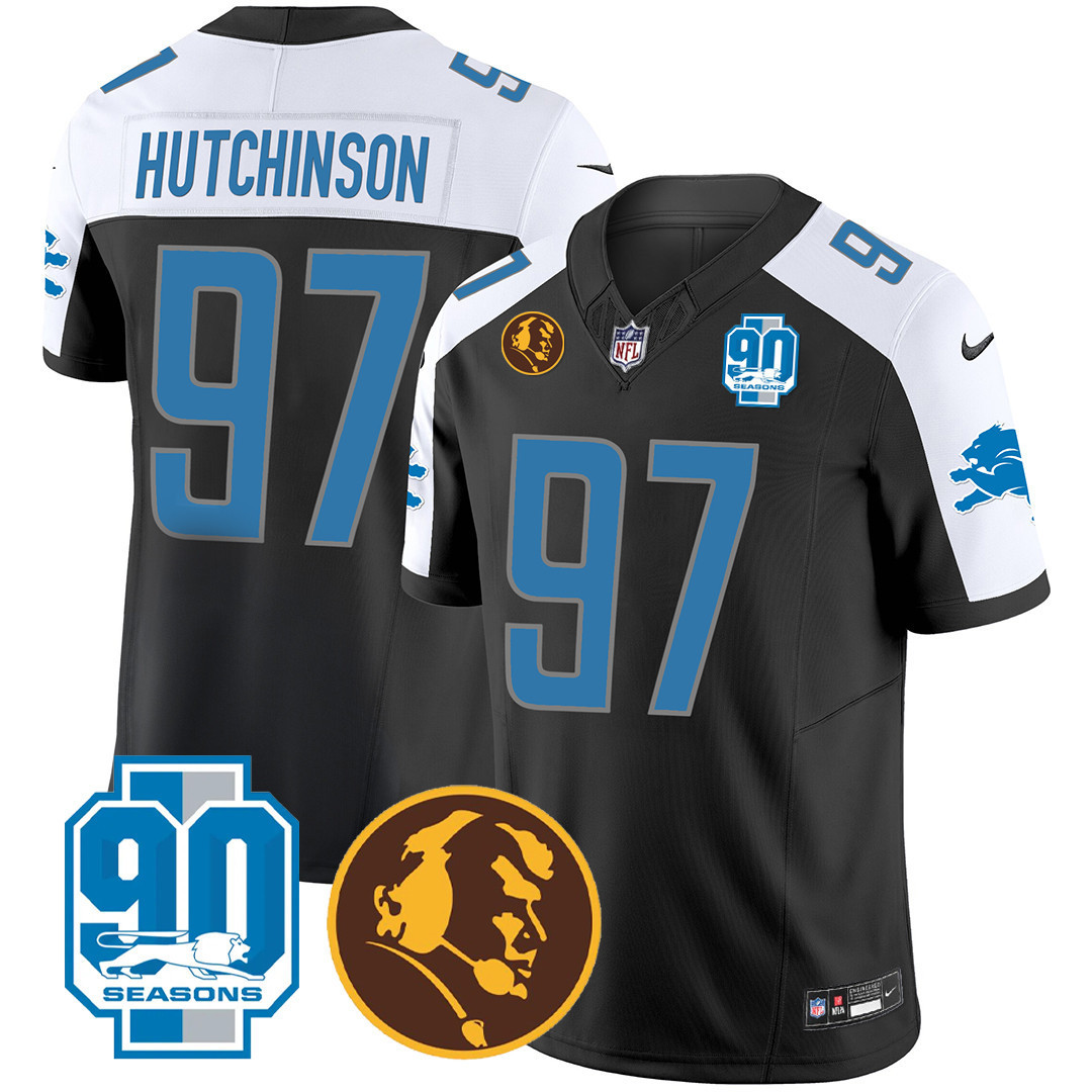 Hutchinson Men's Detroit Lions 90th & John Madden Patch Black Alternate Jersey - All Stitched