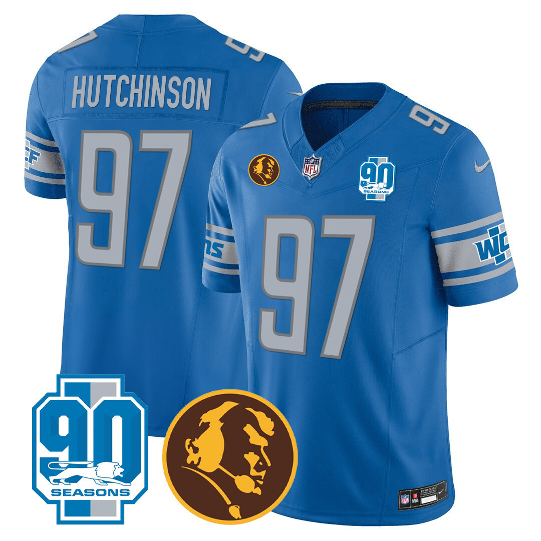 Hutchinson Men's Detroit Lions 90th & John Madden Patch Blue Jersey - All Stitched