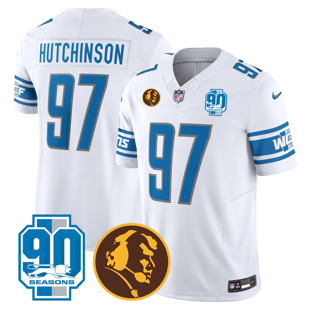 Hutchinson Men's Detroit Lions 90th & John Madden Patch White Jersey - All Stitched