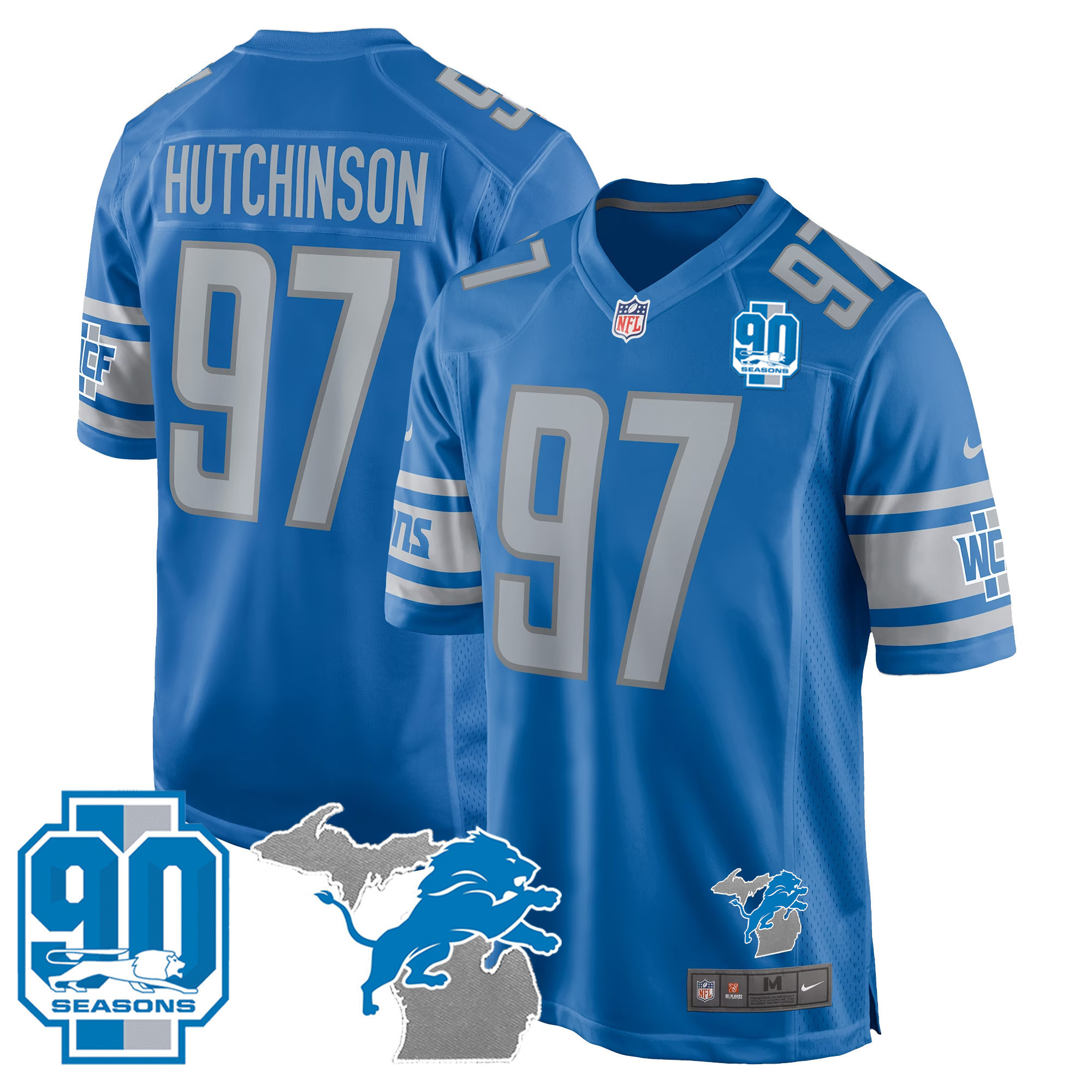 Hutchinson Men's Detroit Lions 90th Year & Michigan Patch Game Blue Jersey - All Stitched