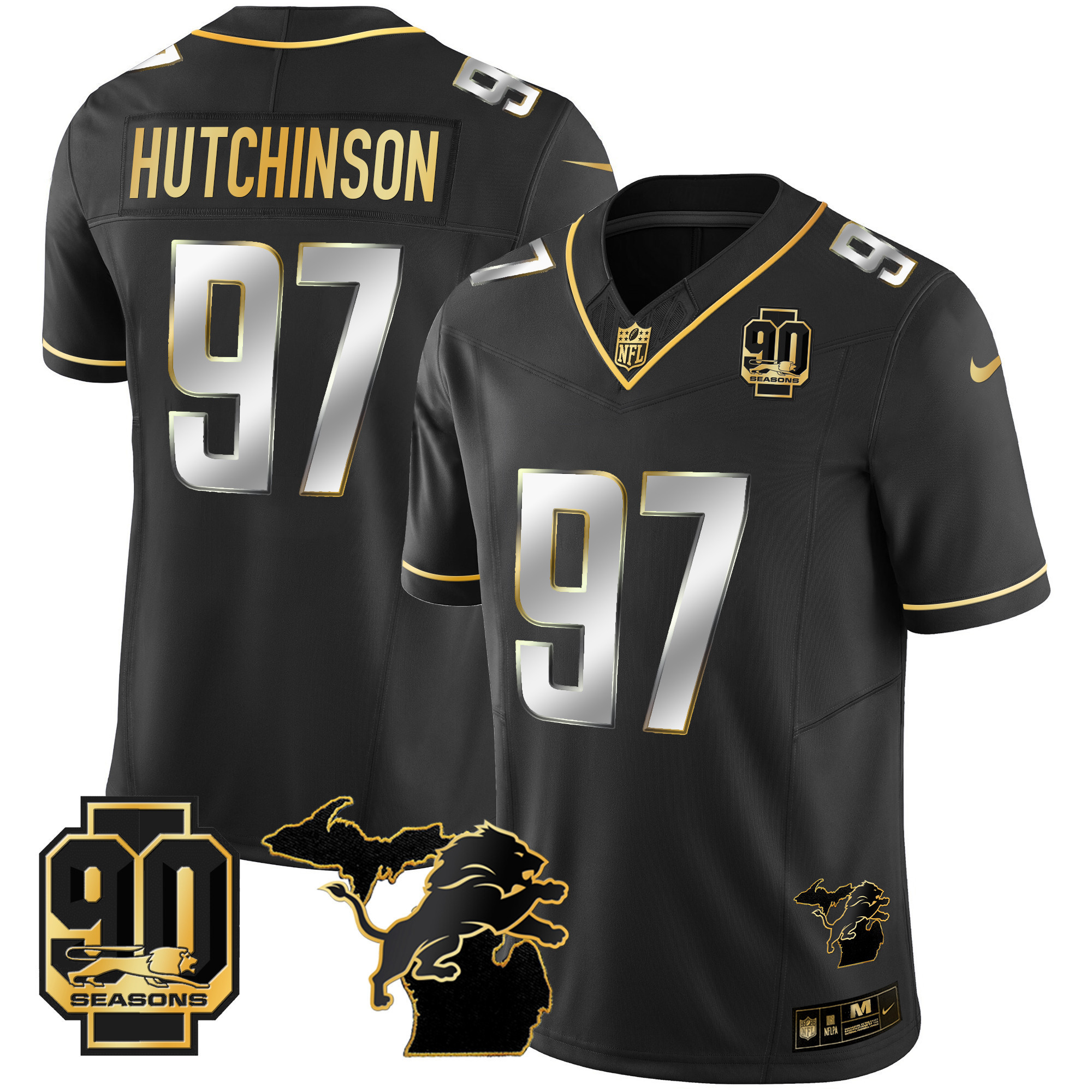 Hutchinson Men's Detroit Lions 90th Year & Michigan Patch Gold Vapor Black Limited Jersey - All Stitched