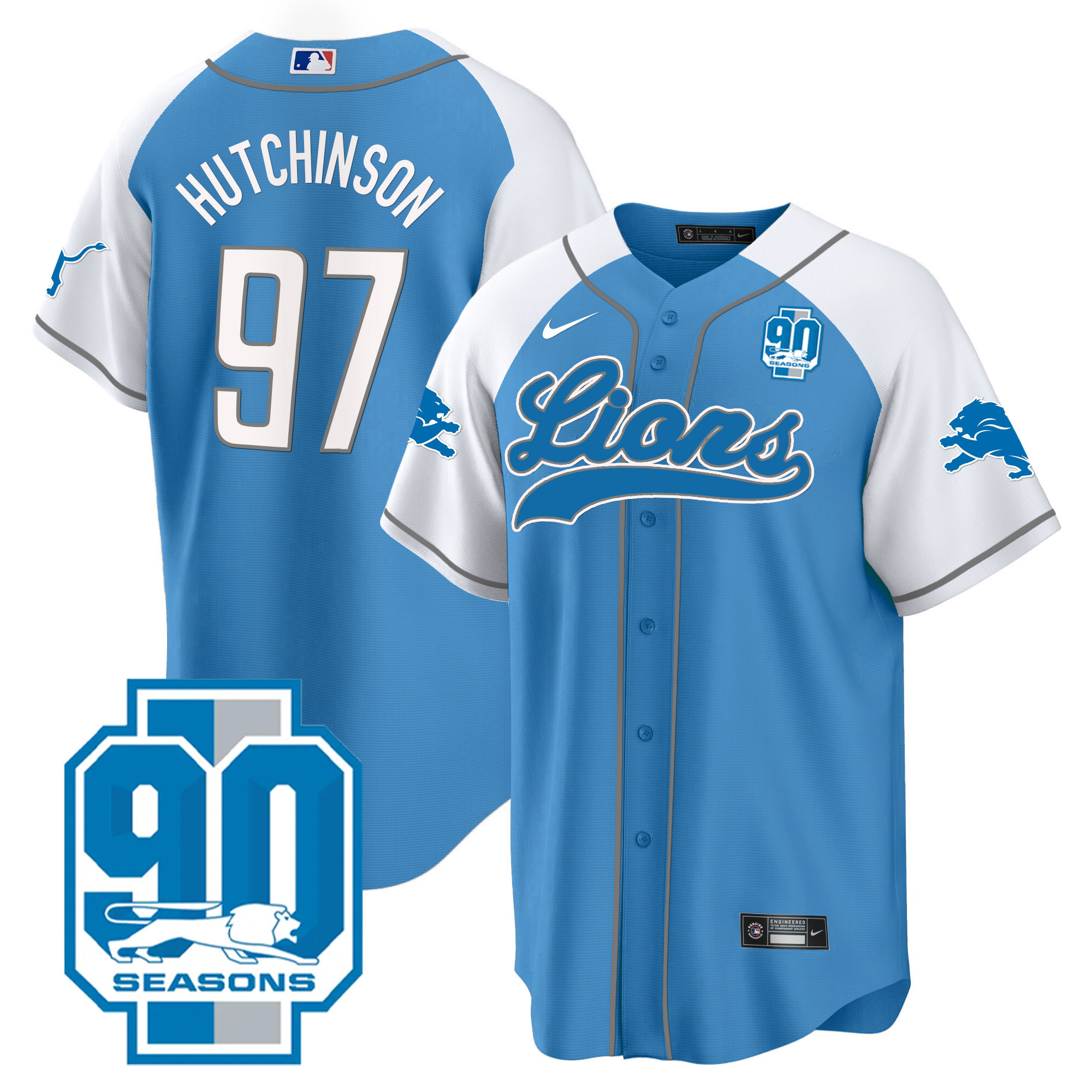 Hutchinson Men's Detroit Lions 90th Year Patch Baseball Blue Alternate Jersey - All Stitched