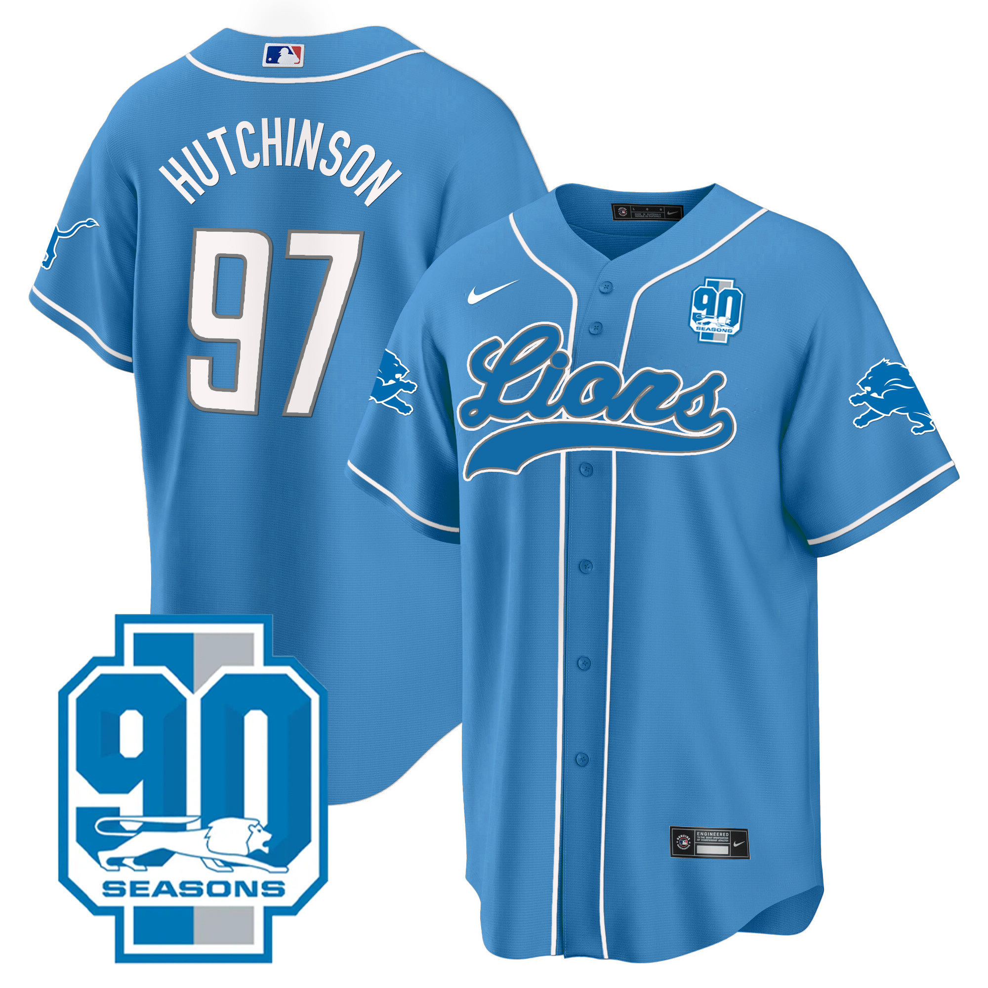 Hutchinson Men's Detroit Lions 90th Year Patch Baseball Blue Jersey - All Stitched