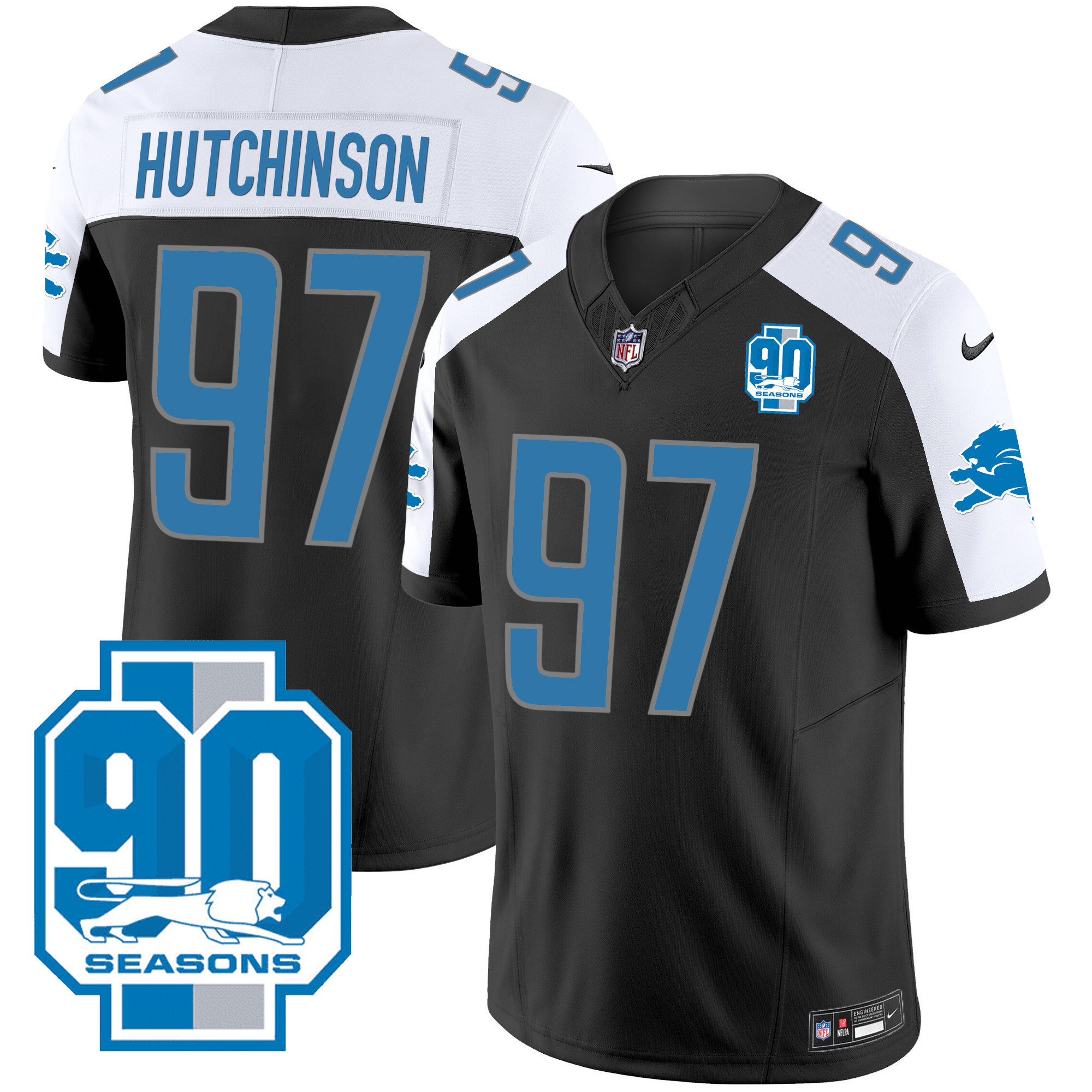 Hutchinson Men's Detroit Lions 90th Year Patch Black Alternate Jersey - All Stitched