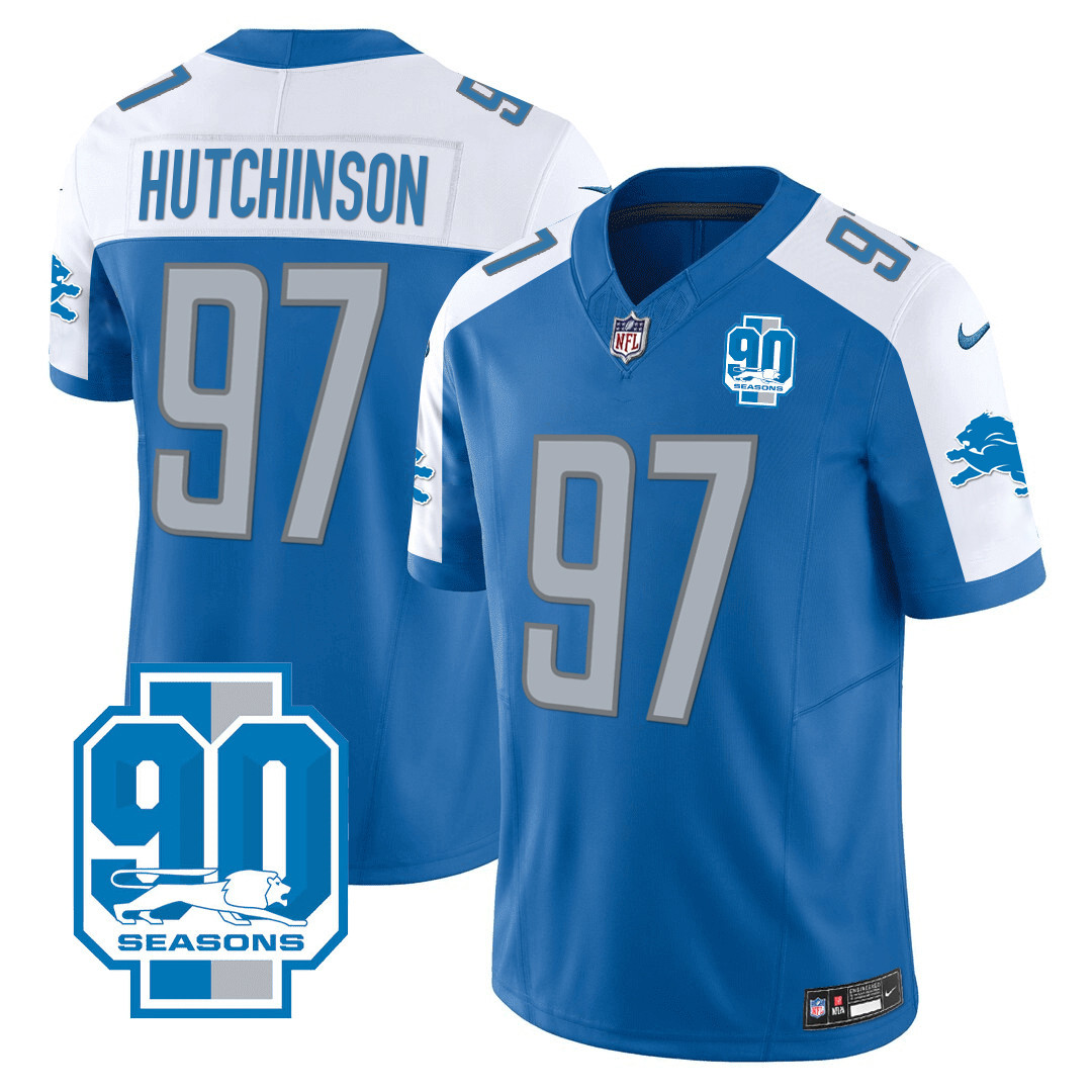 Hutchinson Men's Detroit Lions 90th Year Patch Blue Alternate Jersey - All Stitched
