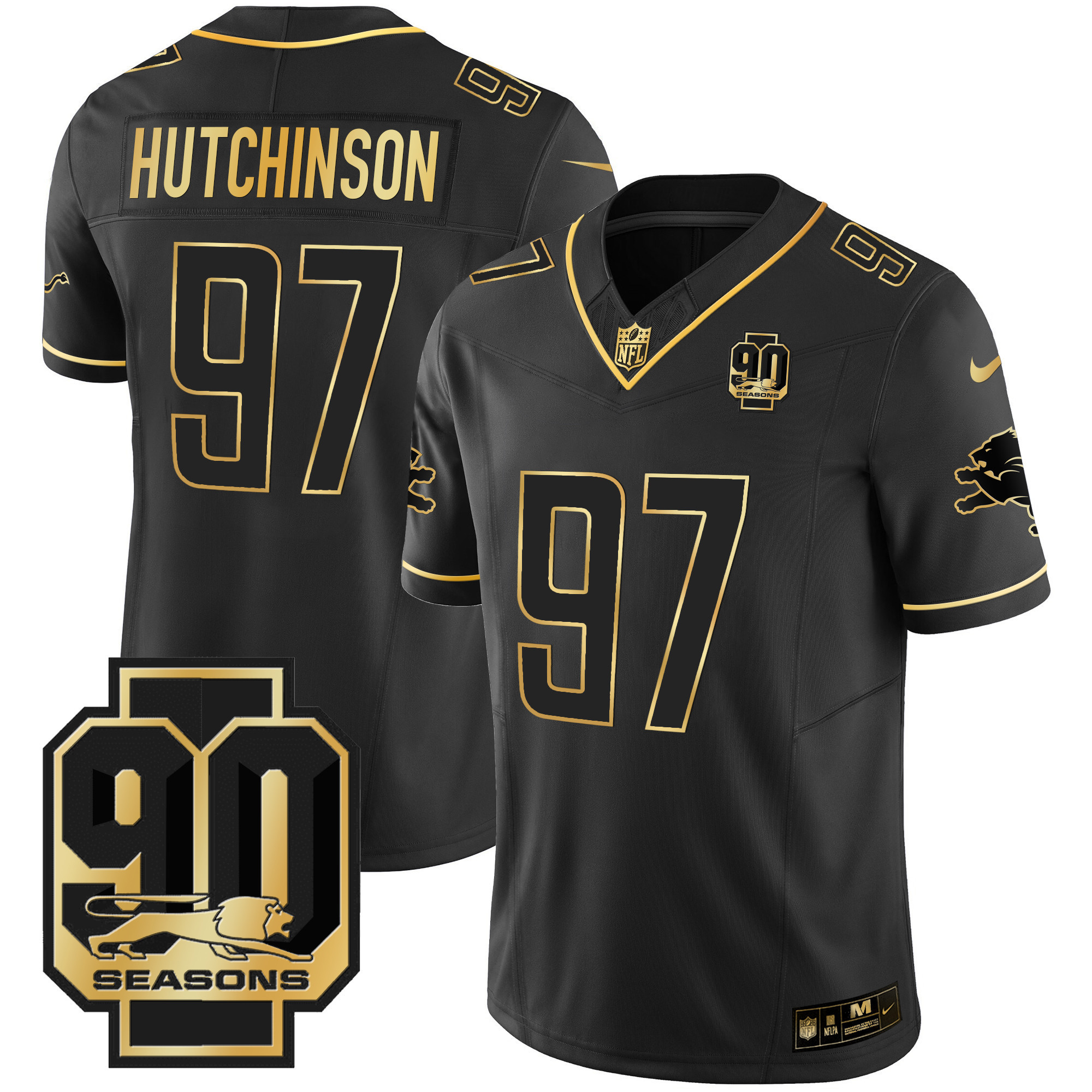 Hutchinson Men's Detroit Lions 90th Year Patch Gold Black Gold Jersey - All Stitched