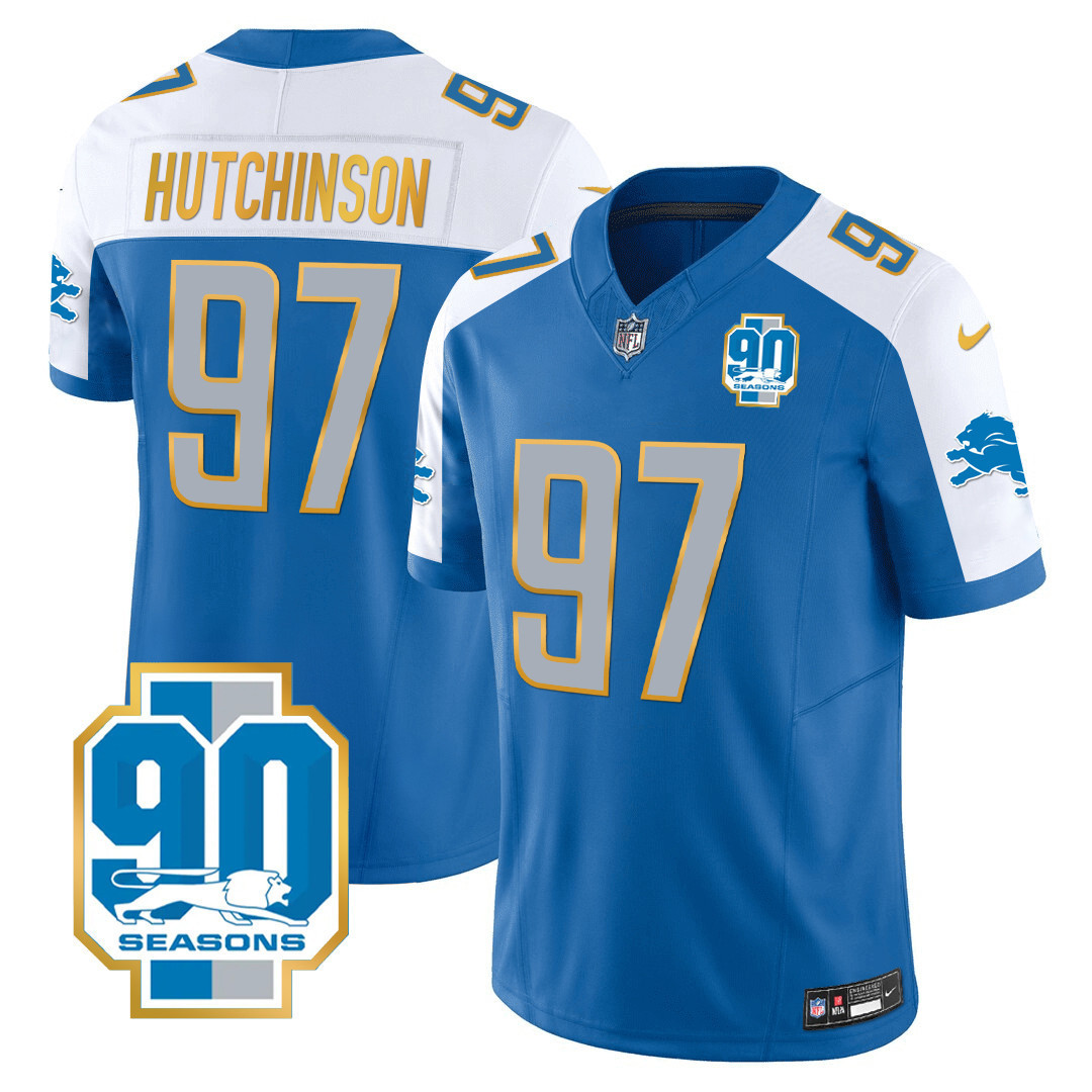 Hutchinson Men's Detroit Lions 90th Year Patch Gold Trim Blue Alternate Jersey - All Stitched