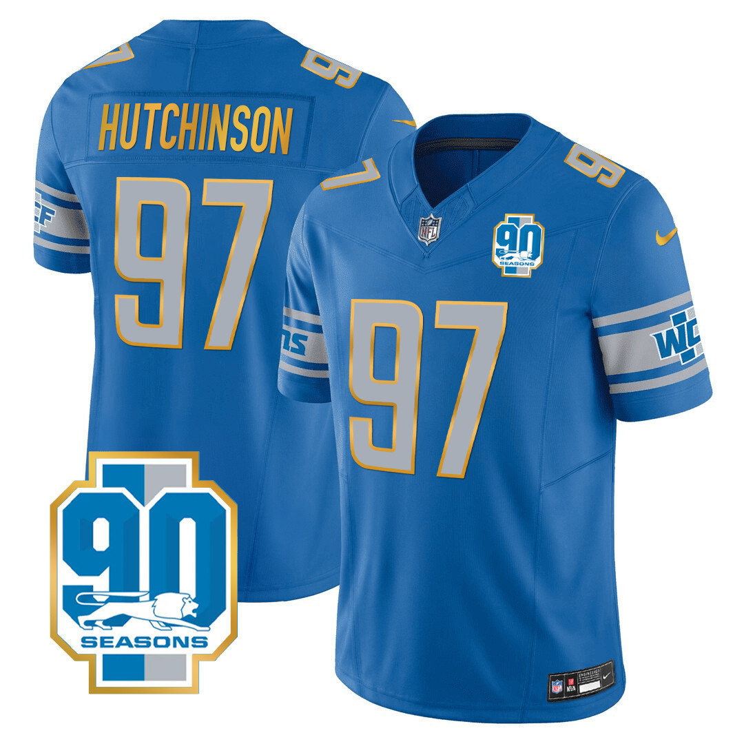 Hutchinson Men's Detroit Lions 90th Year Patch Gold Trim Blue Jersey - All Stitched