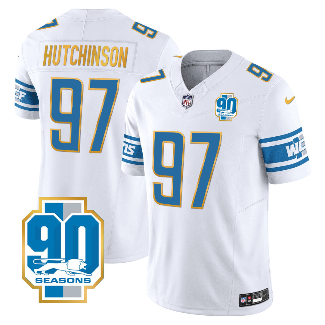 Hutchinson Men's Detroit Lions 90th Year Patch Gold Trim White Jersey - All Stitched