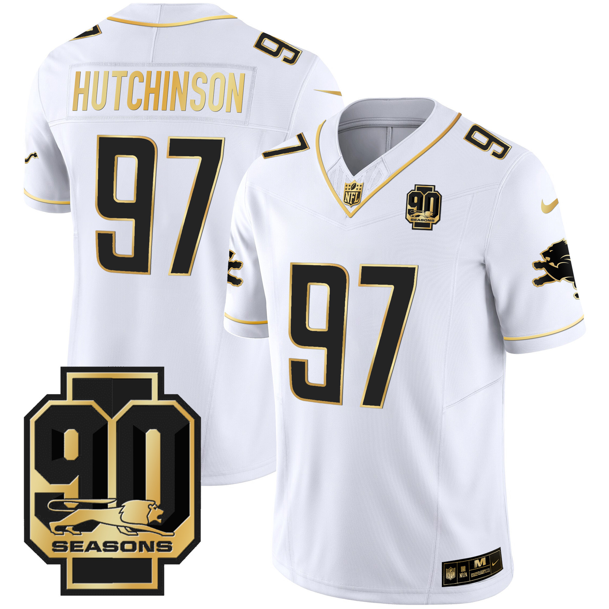 Hutchinson Men's Detroit Lions 90th Year Patch Gold White Gold Jersey - All Stitched