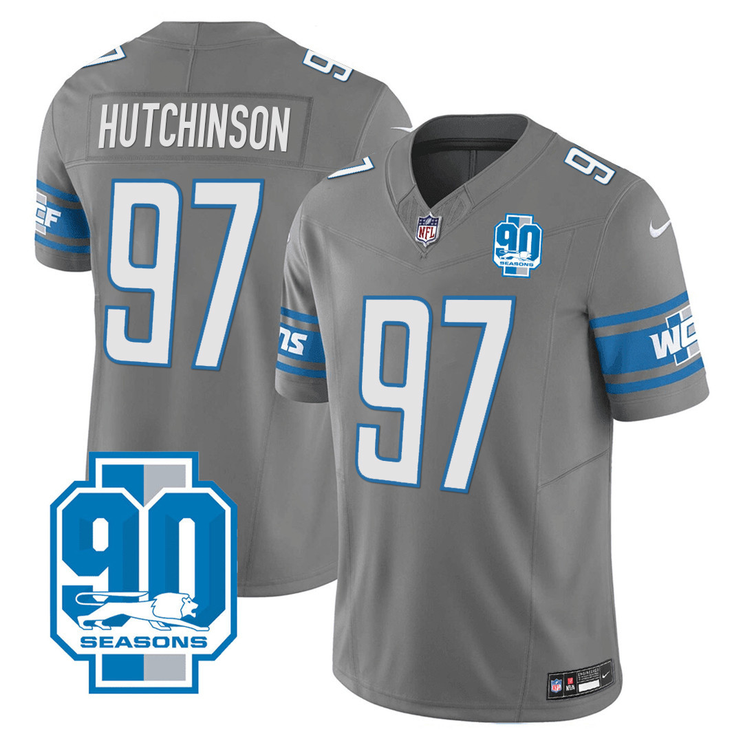 Hutchinson Men's Detroit Lions 90th Year Patch Gray Jersey - All Stitched