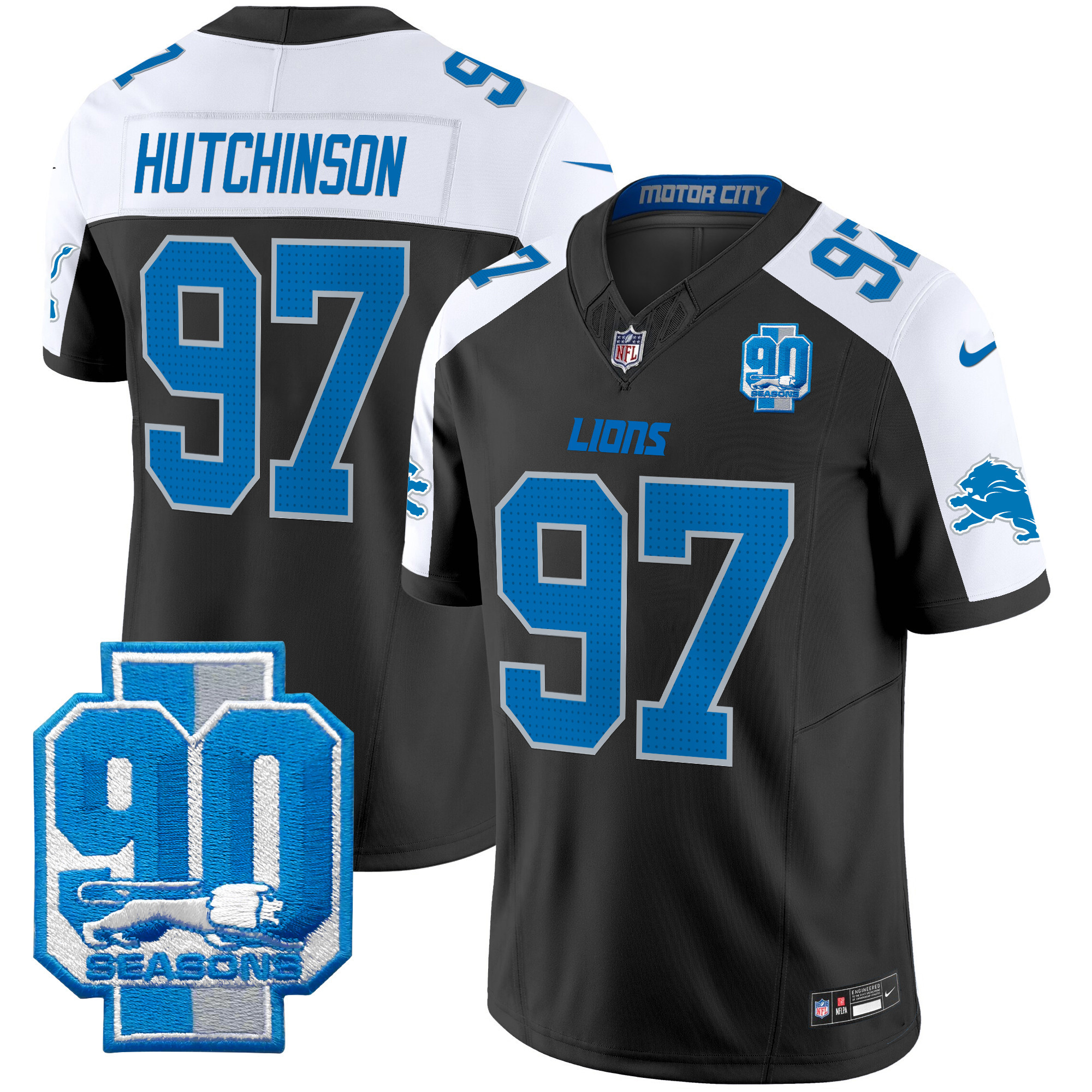 Hutchinson Men's Detroit Lions 90th Year Patch Vapor Limited Black Alternate Jersey - All Stitched