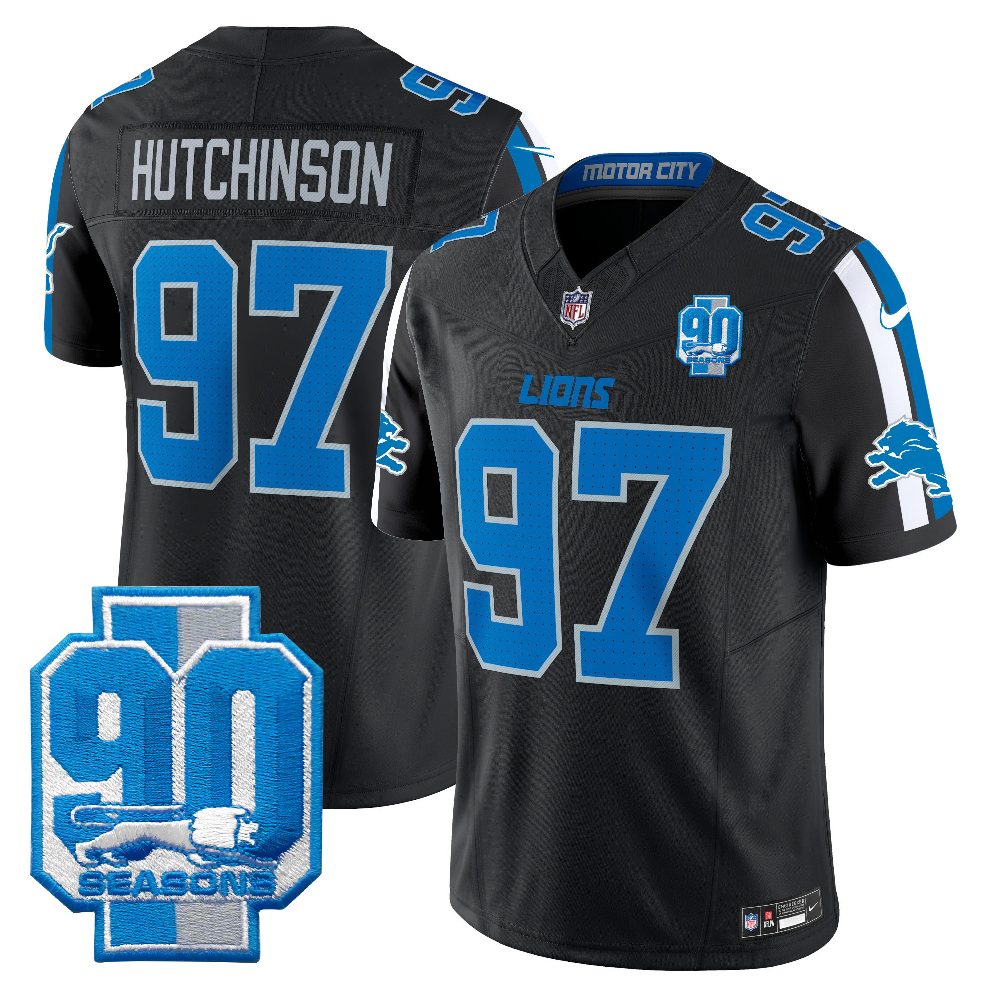 Hutchinson Men's Detroit Lions 90th Year Patch Vapor Limited Black Jersey - All Stitched