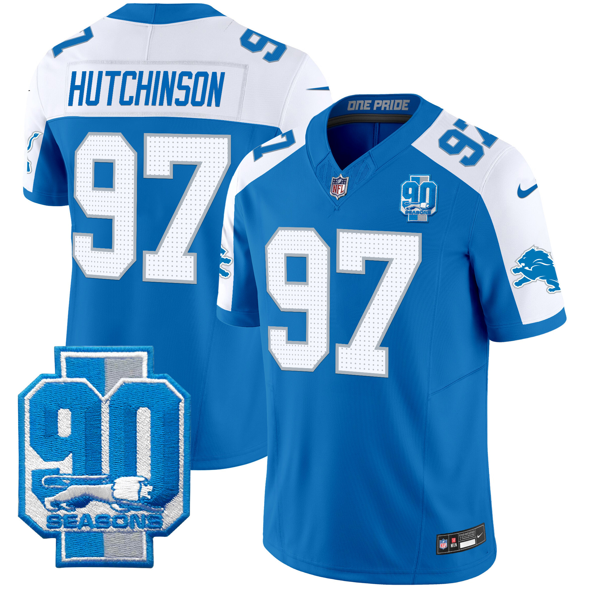 Hutchinson Men's Detroit Lions 90th Year Patch Vapor Limited Blue Alternate Jersey - All Stitched