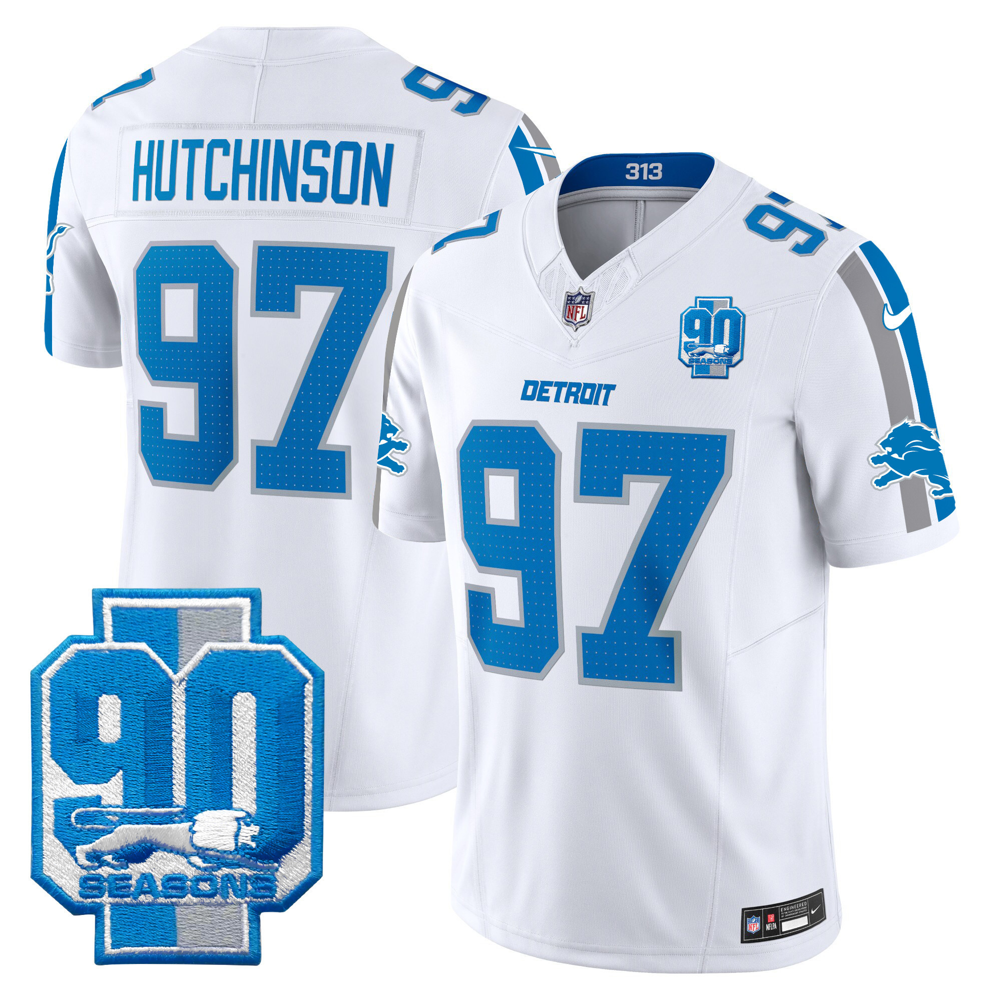 Hutchinson Men's Detroit Lions 90th Year Patch Vapor Limited White Jersey - All Stitched