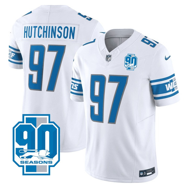 Hutchinson Men's Detroit Lions 90th Year Patch White Jersey - All Stitched