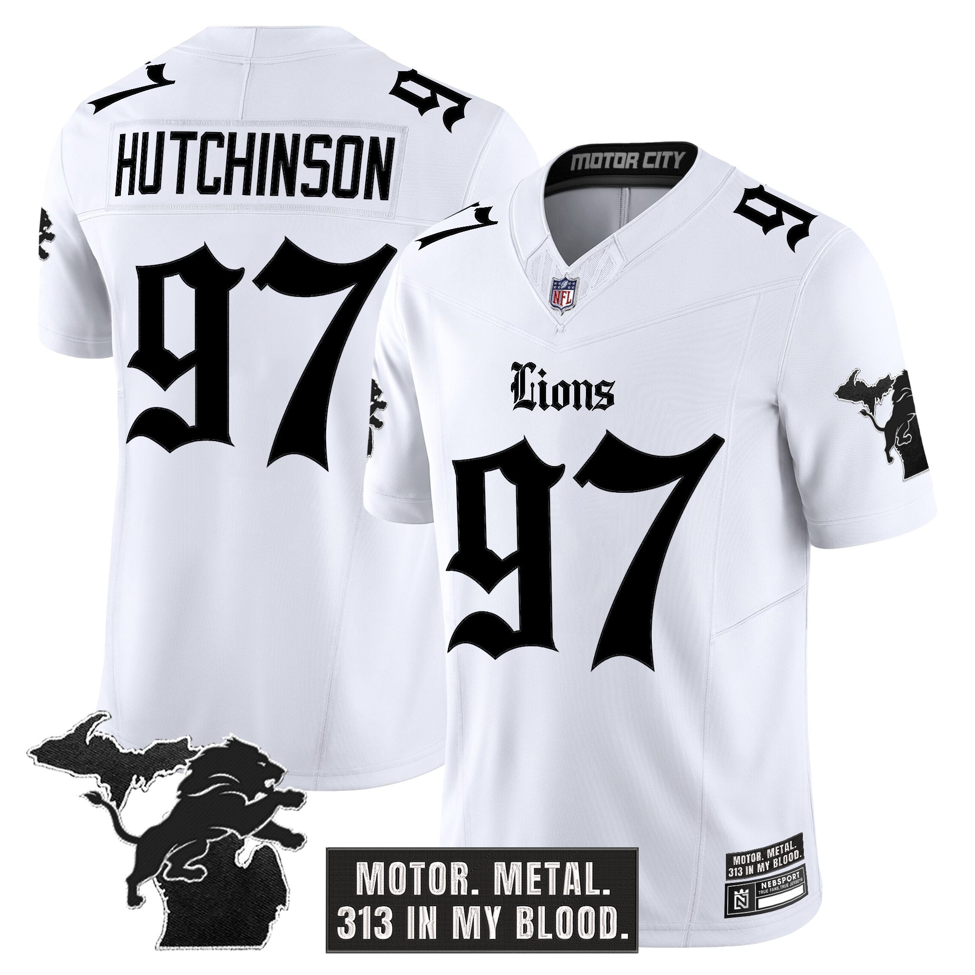 Hutchinson Men's Detroit Lions 'Gothic Motor Grit Edition' Vapor Limited White Jersey - All Stitched