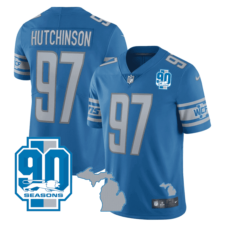 Hutchinson Men's Detroit Lions Michigan State & 90th Year Patch Blue Jersey - All Stitched