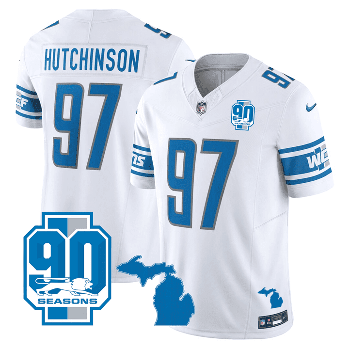Hutchinson Men's Detroit Lions Michigan State & 90th Year Patch White Jersey - All Stitched