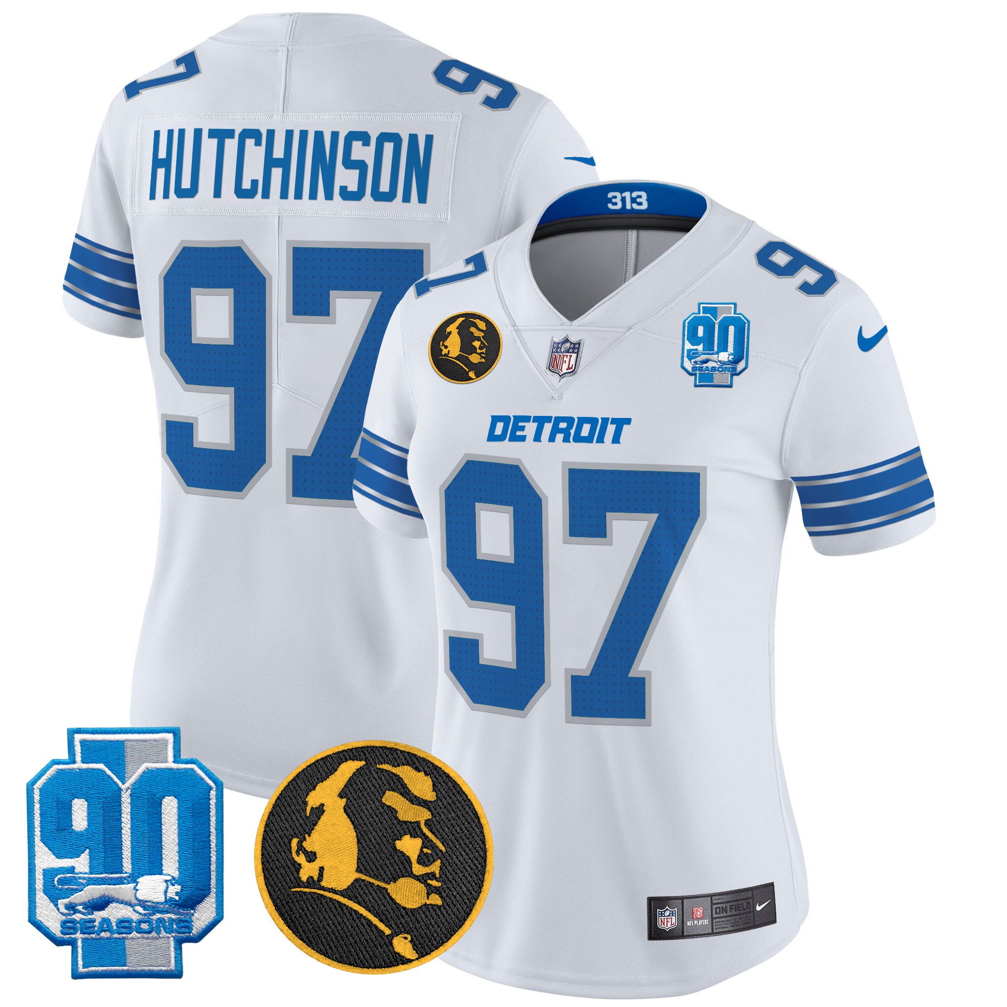Hutchinson Women's Detroit Lions 2024 90th & John Madden Patch Vapor Limited White Jersey - All Stitched