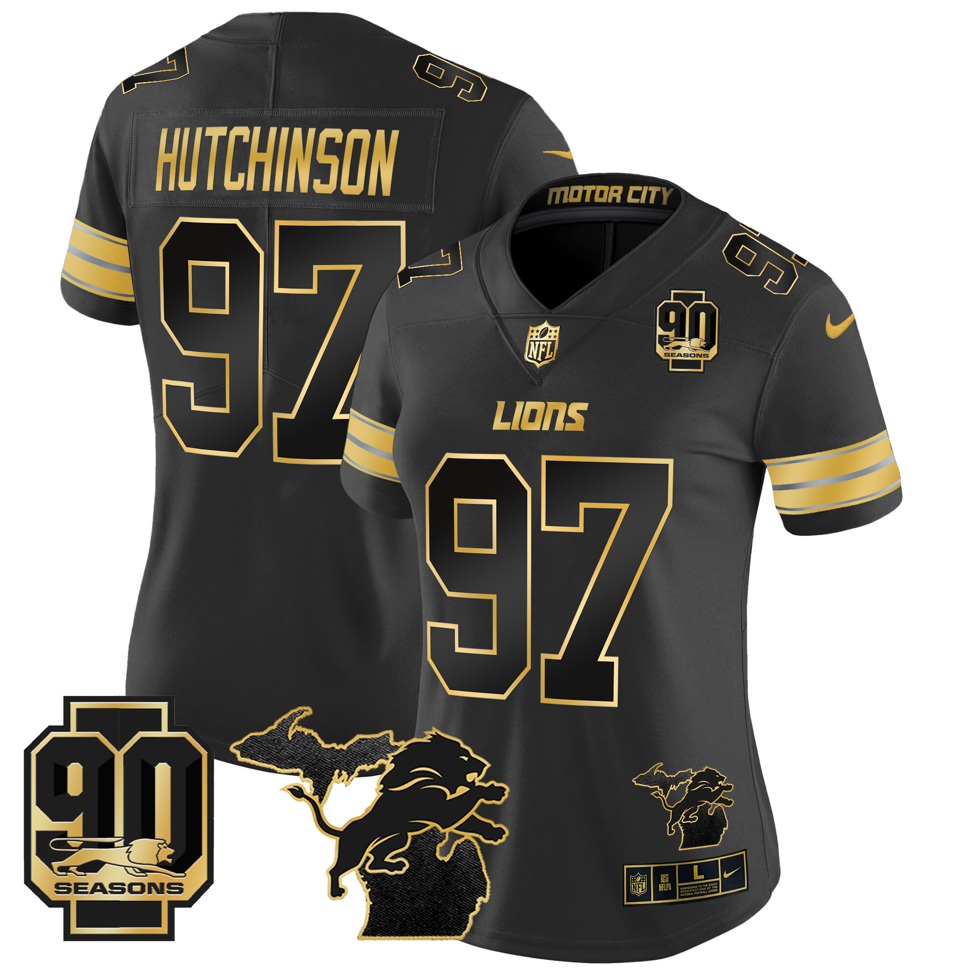 Hutchinson Women's Detroit Lions 2024 Michigan & 90th Year Patch Gold Vapor Limited Black Gold Jersey - All Stitched