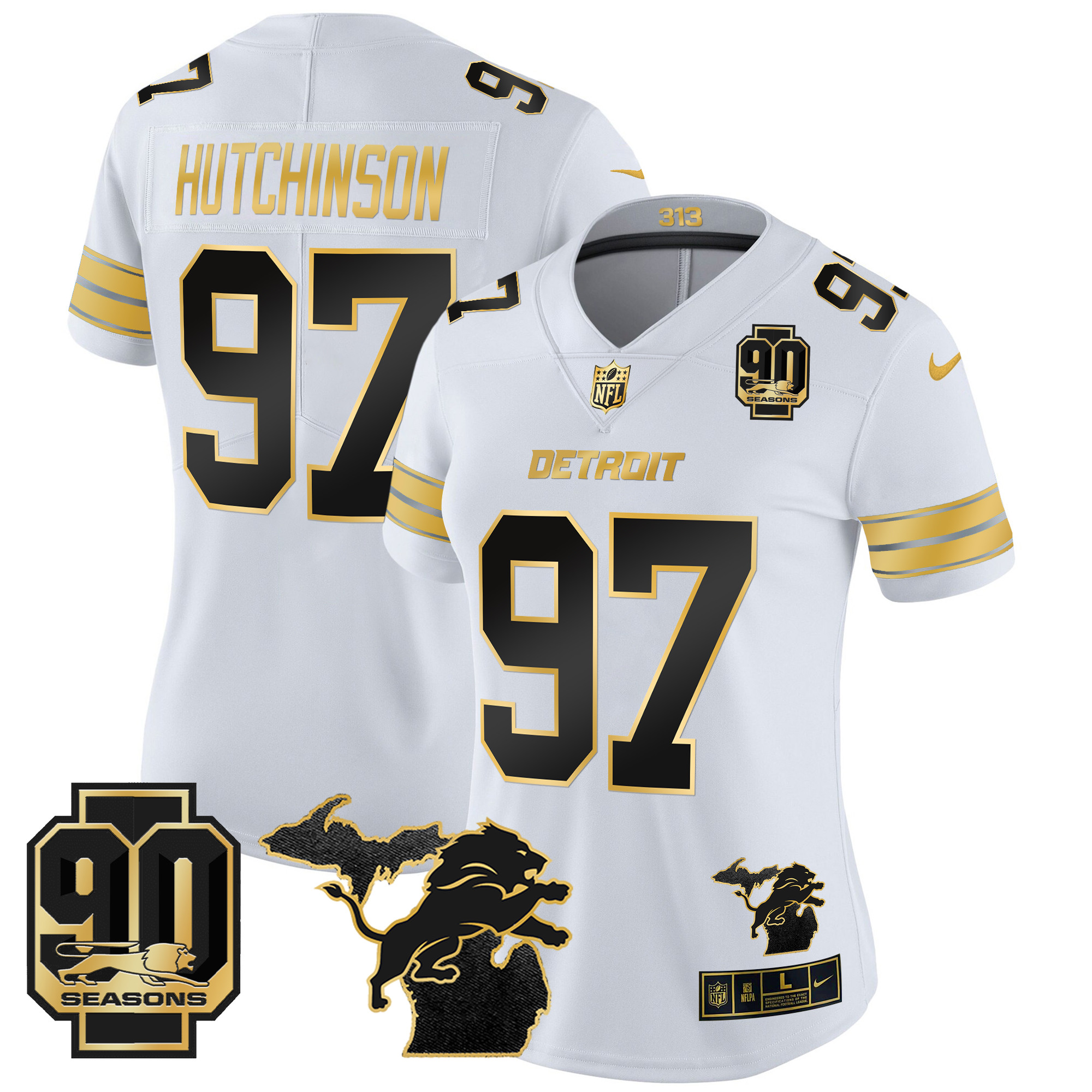 Hutchinson Women's Detroit Lions 2024 Michigan & 90th Year Patch Gold Vapor Limited White Gold Jersey - All Stitched