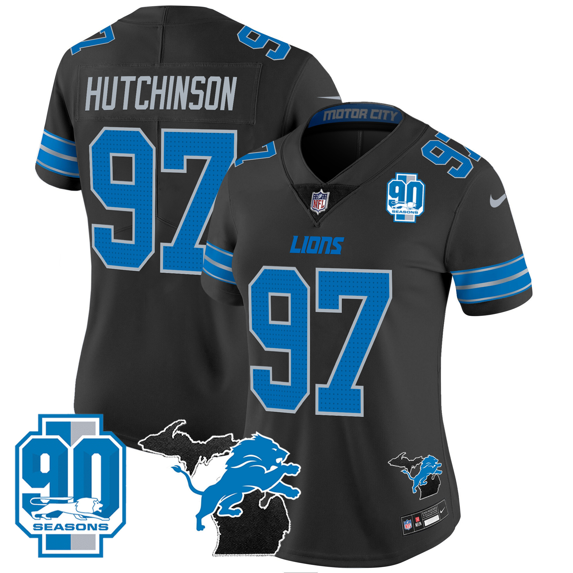Hutchinson Women's Detroit Lions 2024 Michigan & 90th Year Patch Vapor Black Jersey - All Stitched