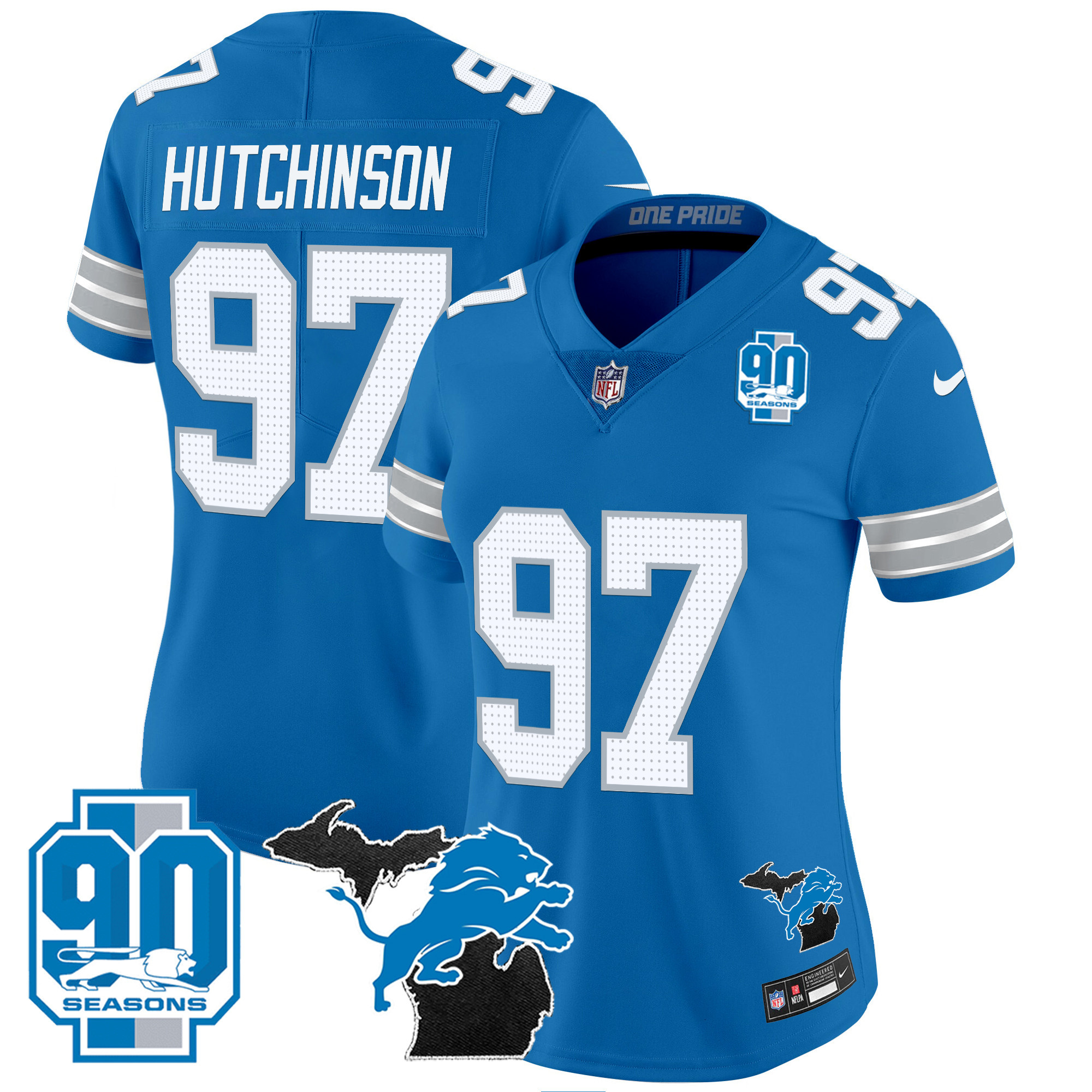 Hutchinson Women's Detroit Lions 2024 Michigan & 90th Year Patch Vapor Blue Jersey - All Stitched