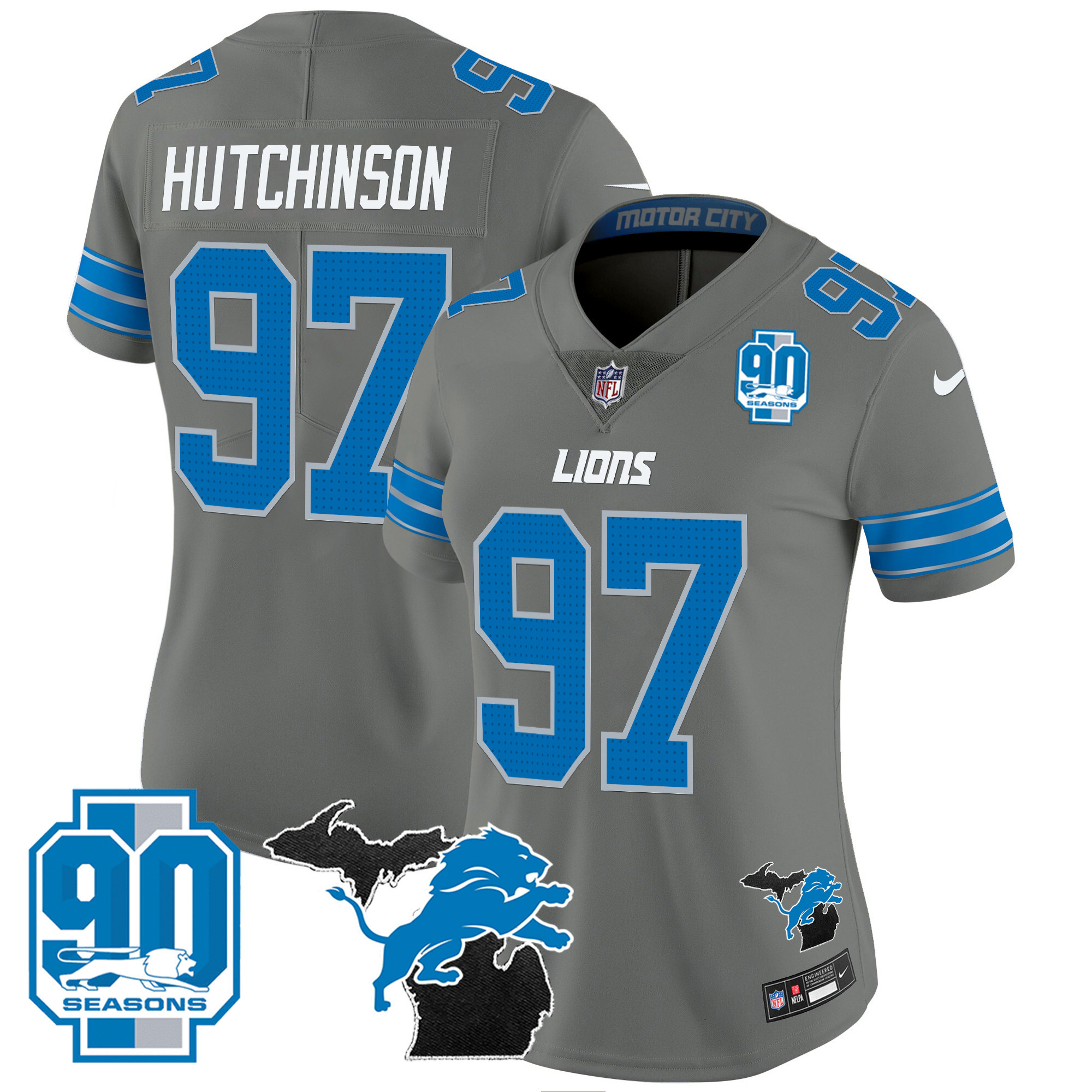 Hutchinson Women's Detroit Lions 2024 Michigan & 90th Year Patch Vapor Gray Jersey - All Stitched