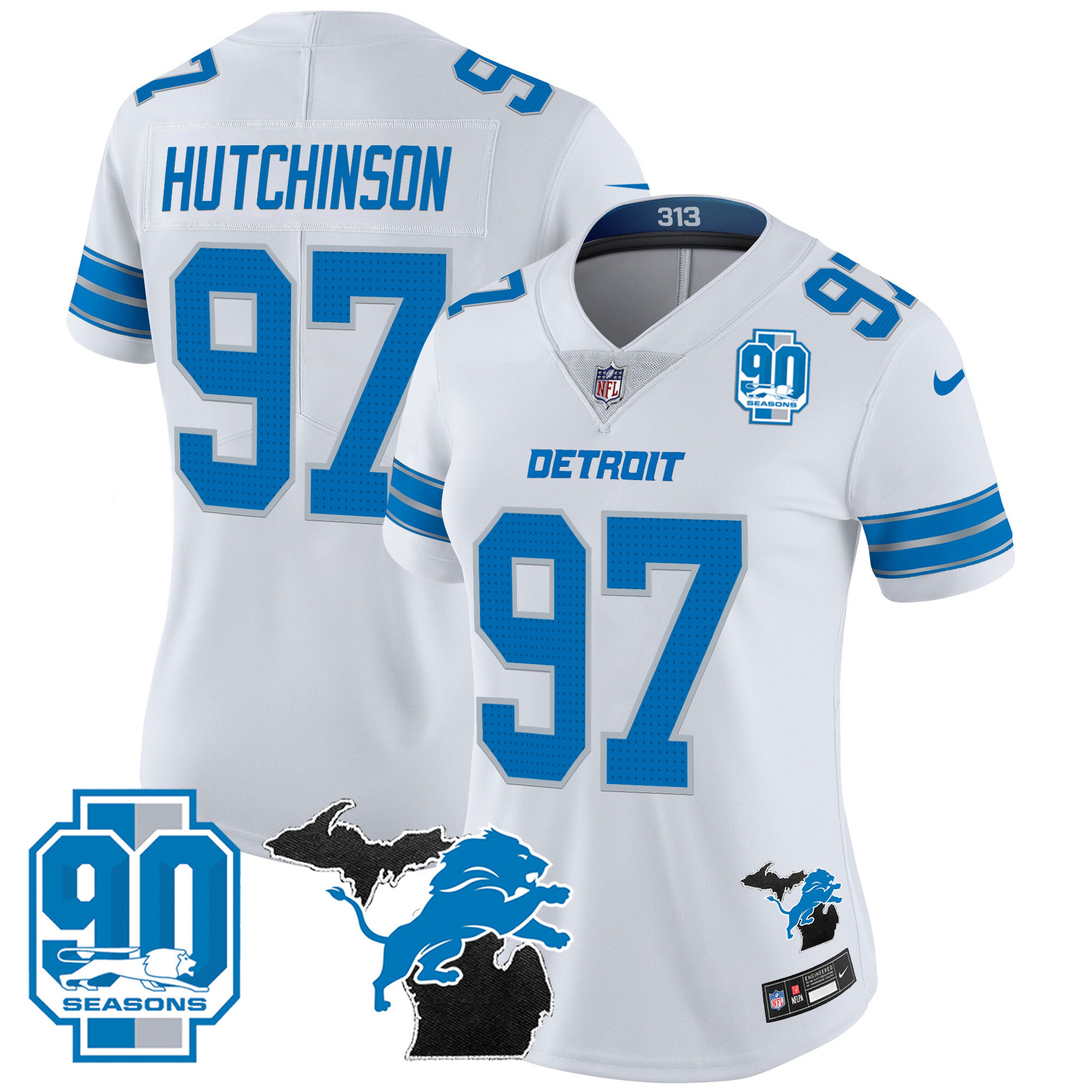 Hutchinson Women's Detroit Lions 2024 Michigan & 90th Year Patch Vapor White Jersey - All Stitched