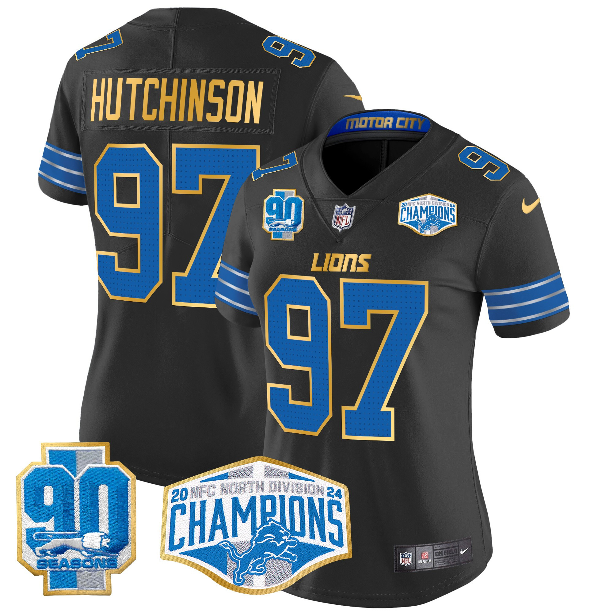 Hutchinson Women's Detroit Lions 2024 NFC North Division Champions Patch Gold Trim Vapor Limited Black Jersey - All Stitched