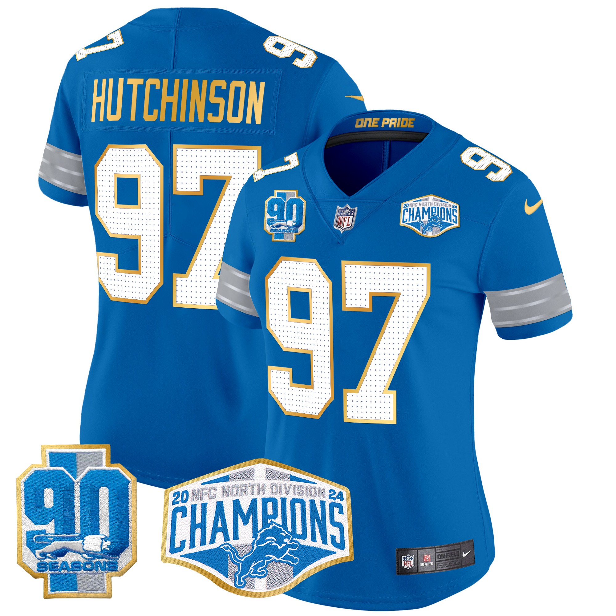Hutchinson Women's Detroit Lions 2024 NFC North Division Champions Patch Gold Trim Vapor Limited Blue Jersey - All Stitched
