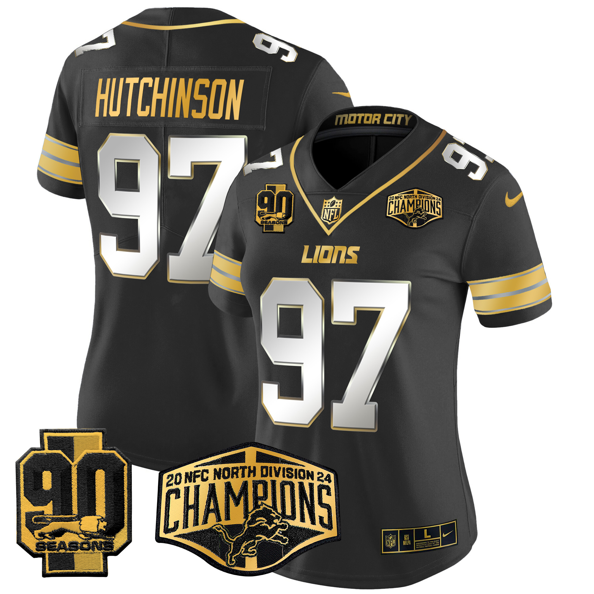 Hutchinson Women's Detroit Lions 2024 NFC North Division Champions Patch Gold Vapor Limited Black Limited Jersey - All Stitched