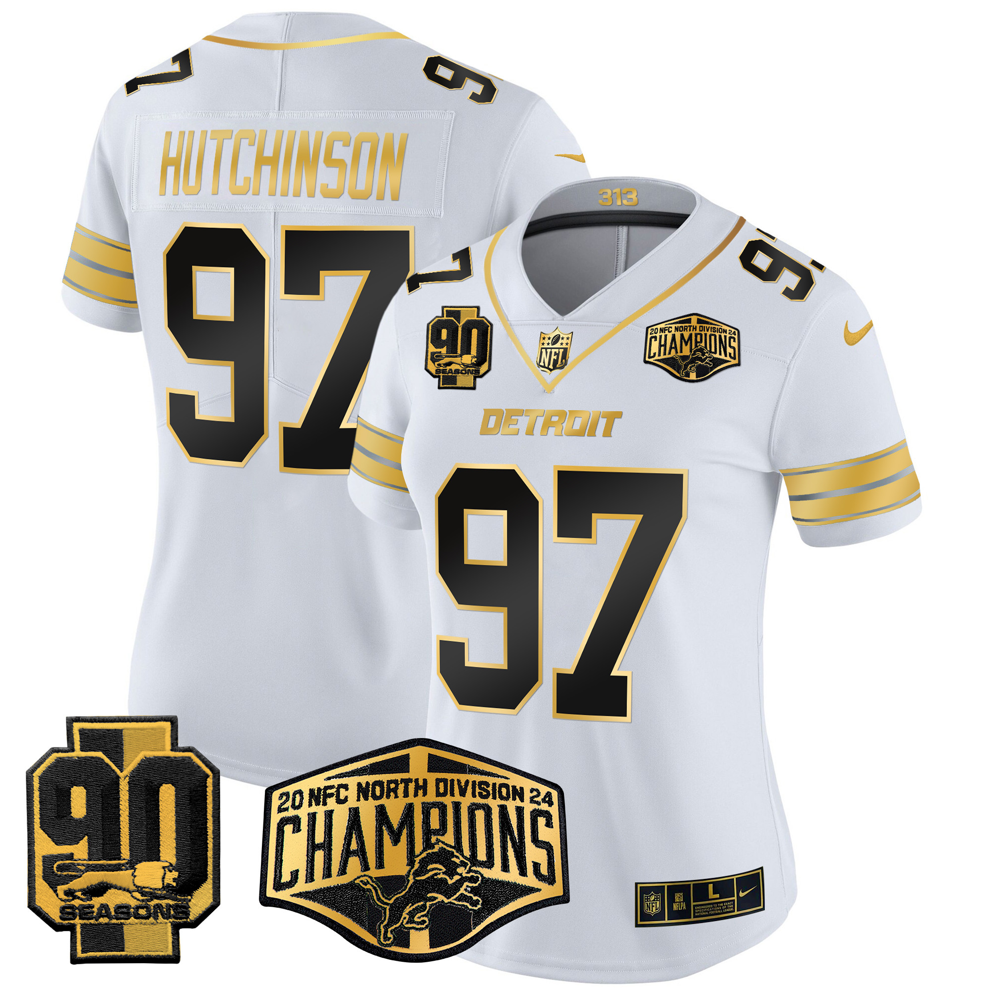 Hutchinson Women's Detroit Lions 2024 NFC North Division Champions Patch Gold Vapor Limited White Gold Jersey - All Stitched