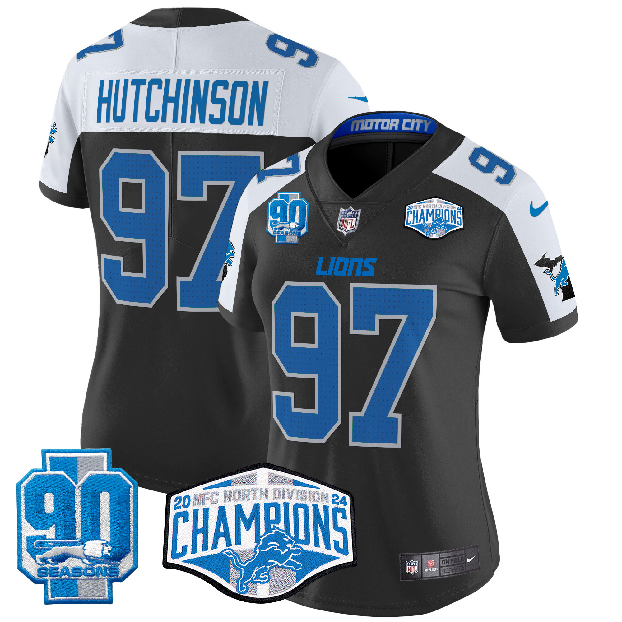 Hutchinson Women's Detroit Lions 2024 NFC North Division Champions Patch Vapor Limited Black Alternate Jersey - All Stitched