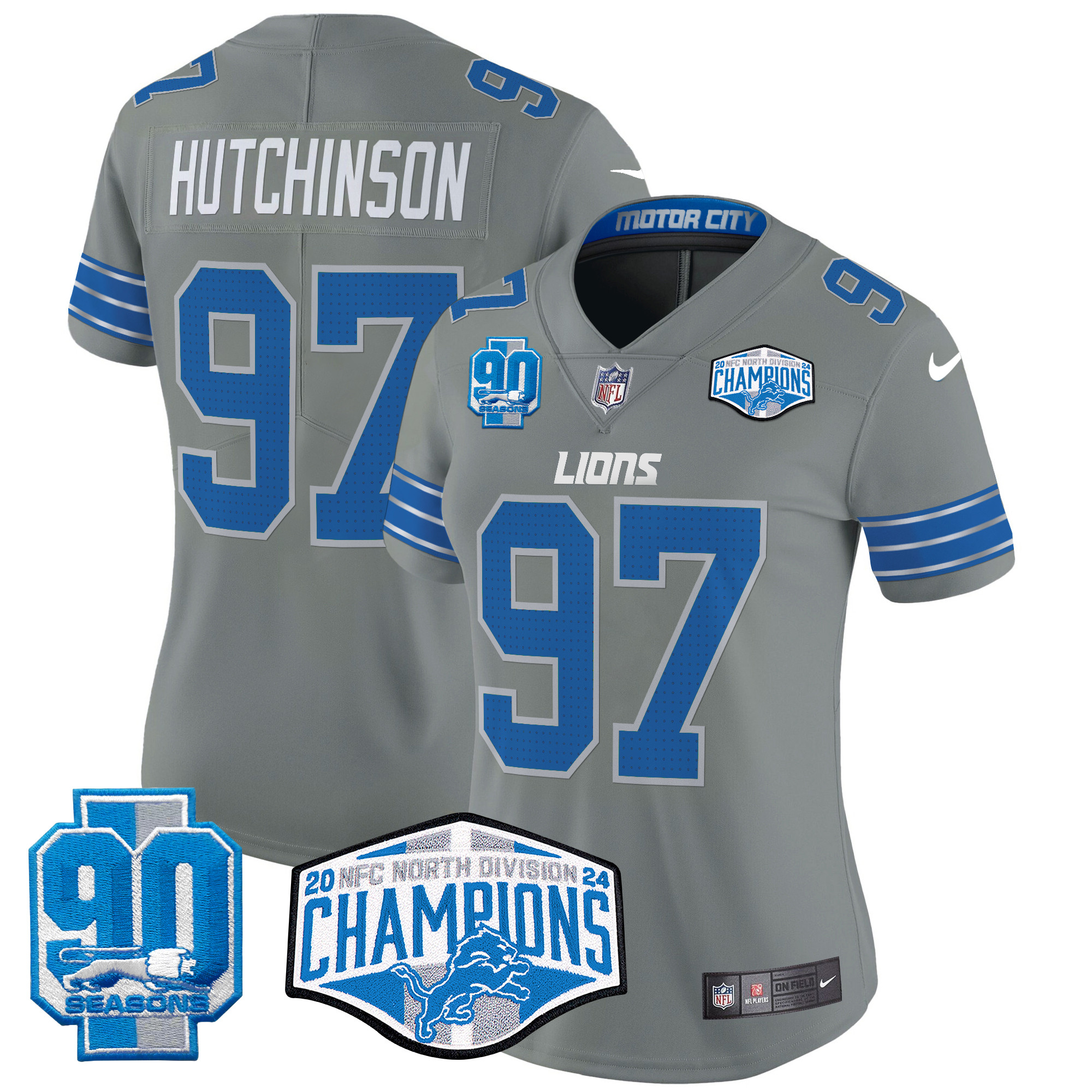 Hutchinson Women's Detroit Lions 2024 NFC North Division Champions Patch Vapor Limited Gray Jersey - All Stitched