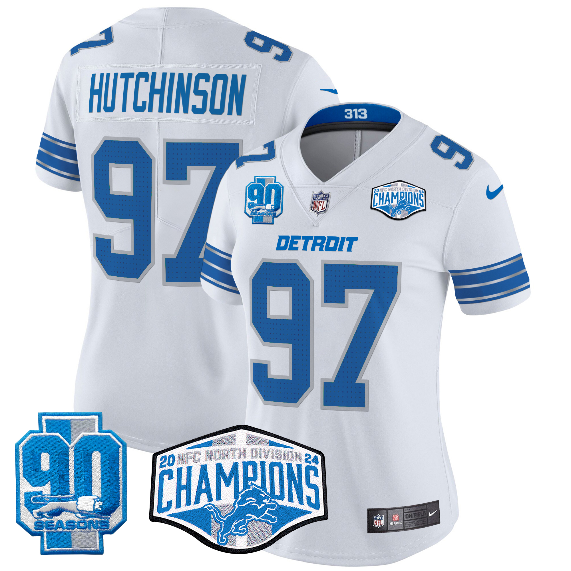 Hutchinson Women's Detroit Lions 2024 NFC North Division Champions Patch Vapor Limited White Jersey - All Stitched