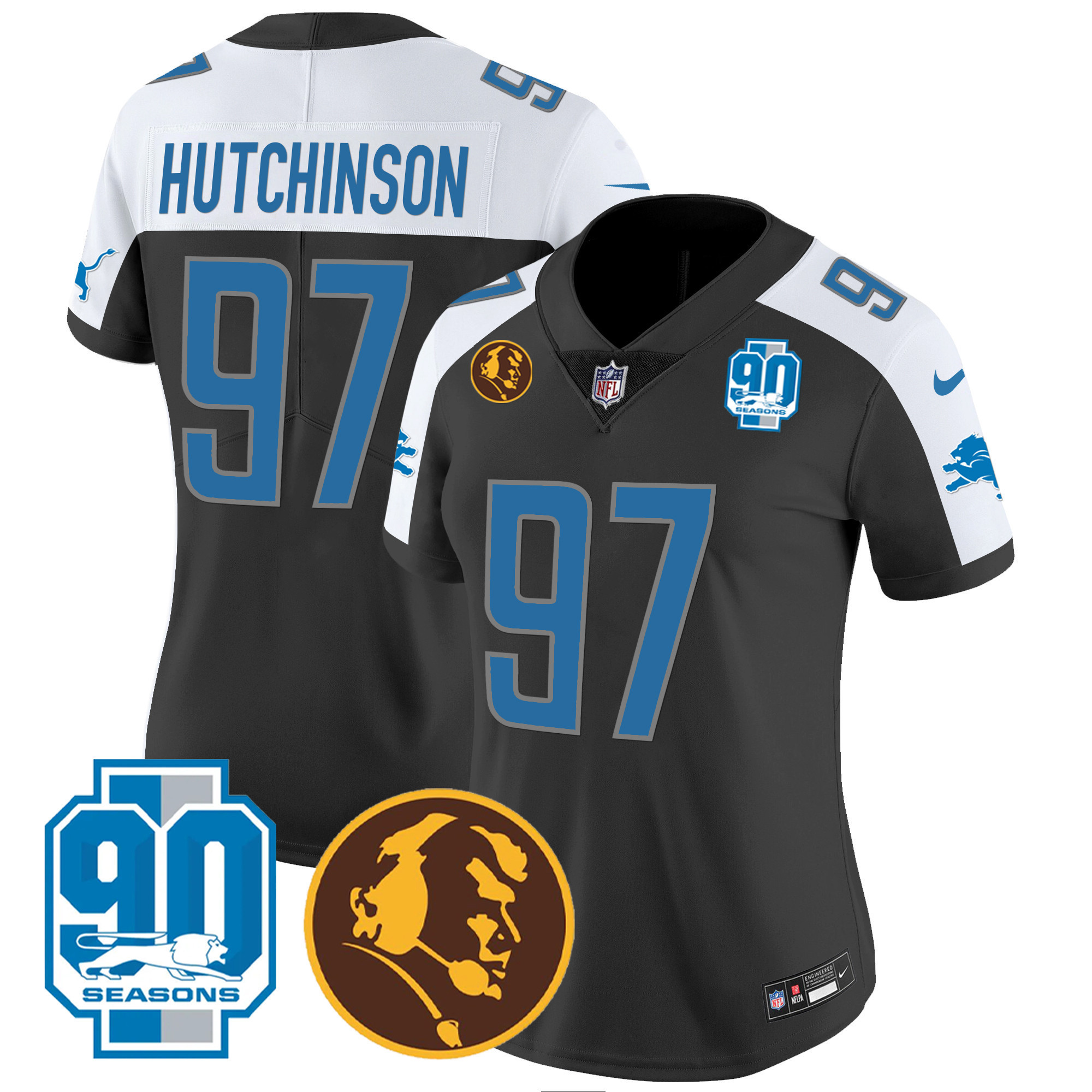 Hutchinson Women's Detroit Lions 90th & John Madden Patch Black Alternate Jersey - All Stitched