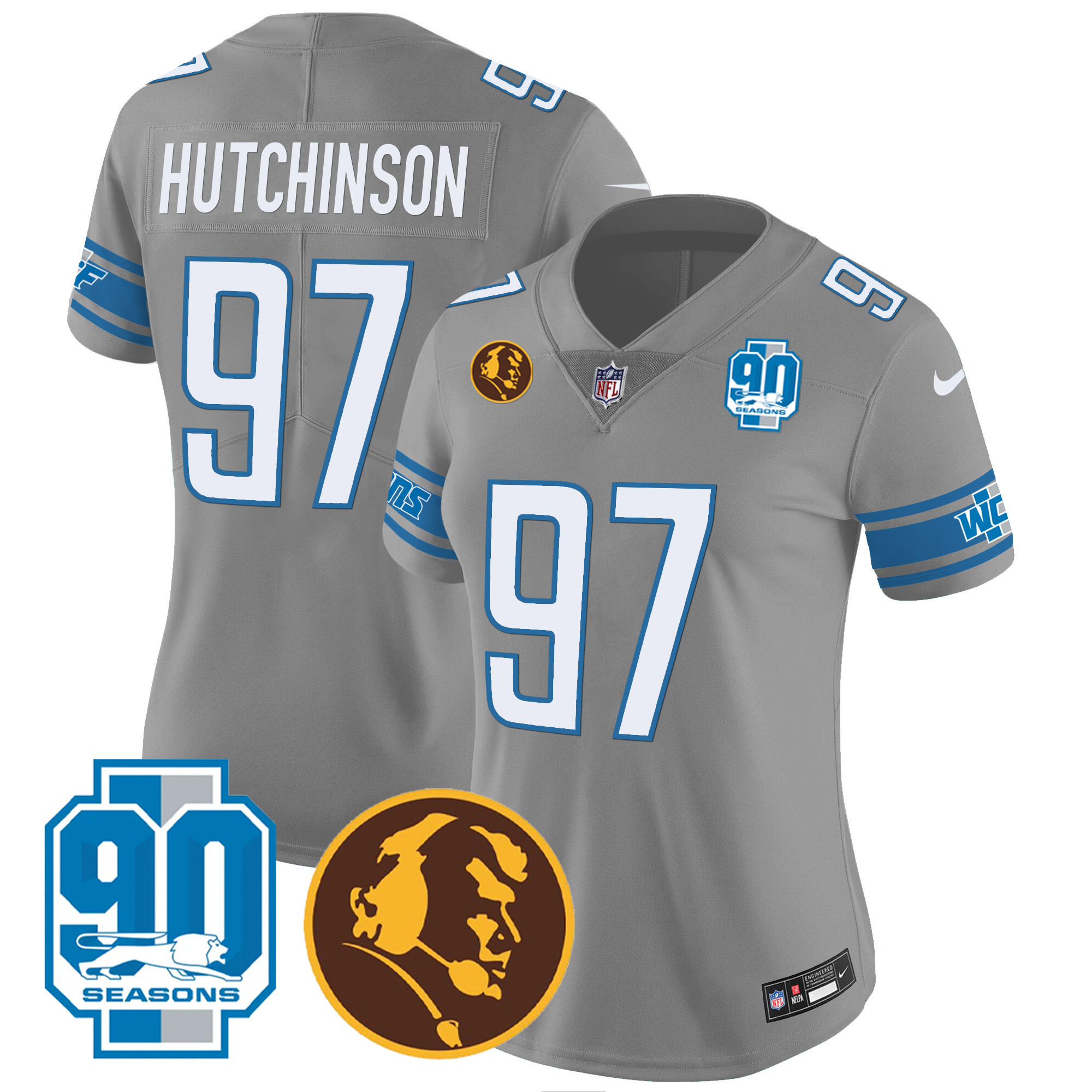 Hutchinson Women's Detroit Lions 90th & John Madden Patch Gray Jersey - All Stitched