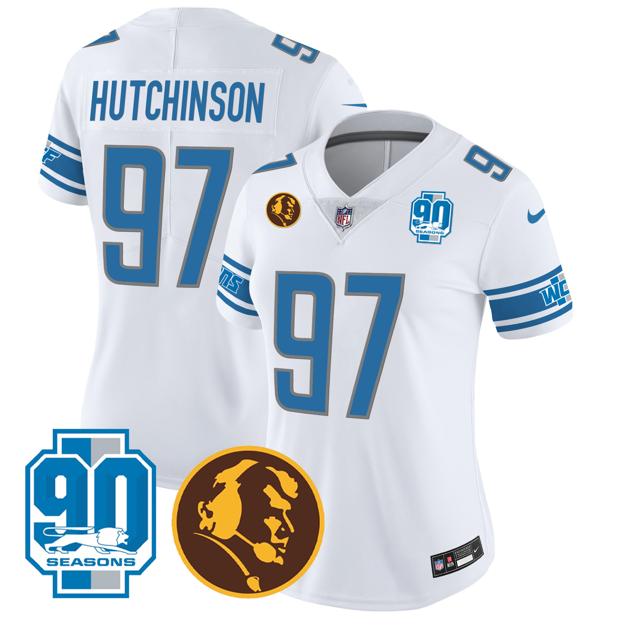 Hutchinson Women's Detroit Lions 90th & John Madden Patch White Jersey - All Stitched