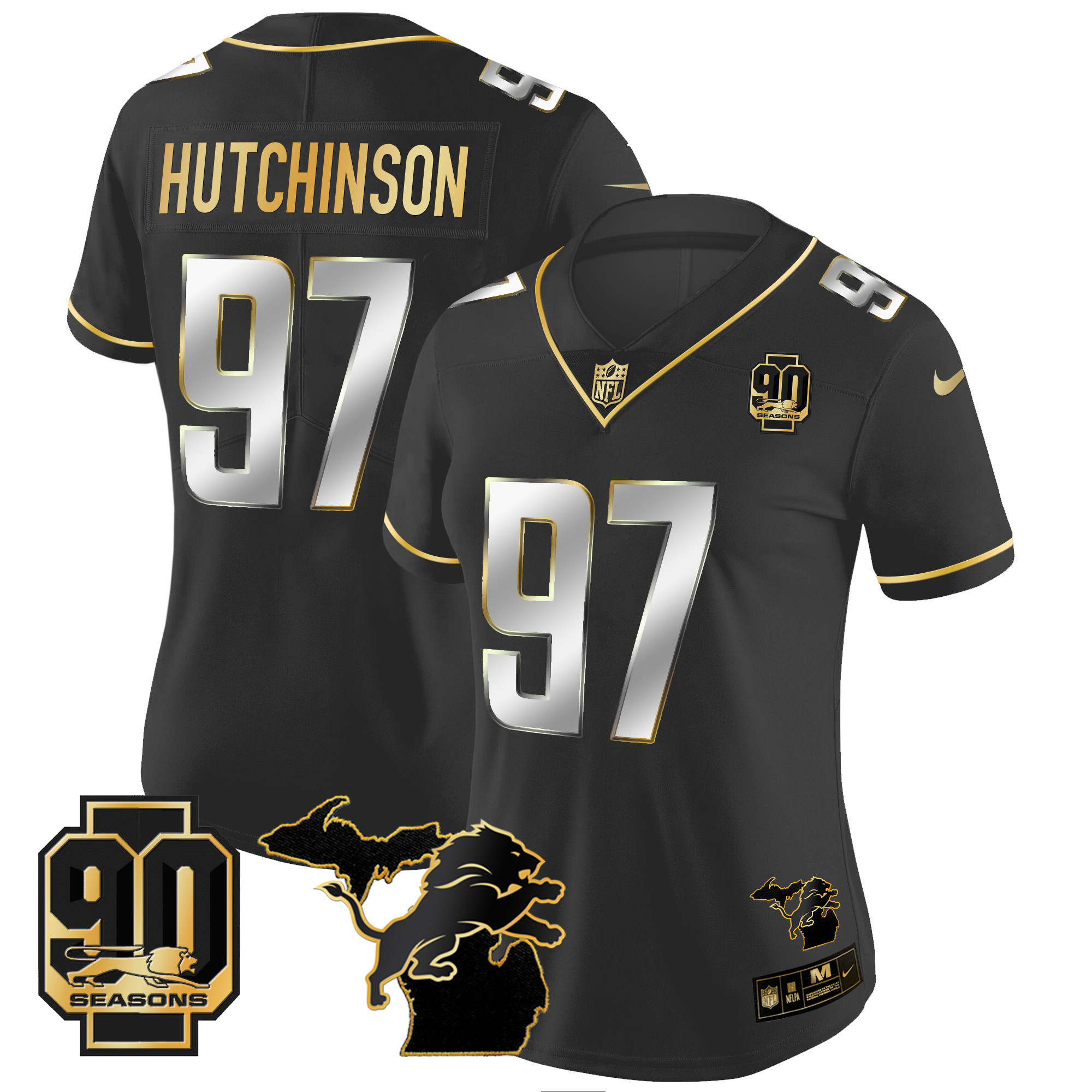 Hutchinson Women's Detroit Lions 90th Year & Michigan Patch Gold Vapor Black Limited Jersey - All Stitched