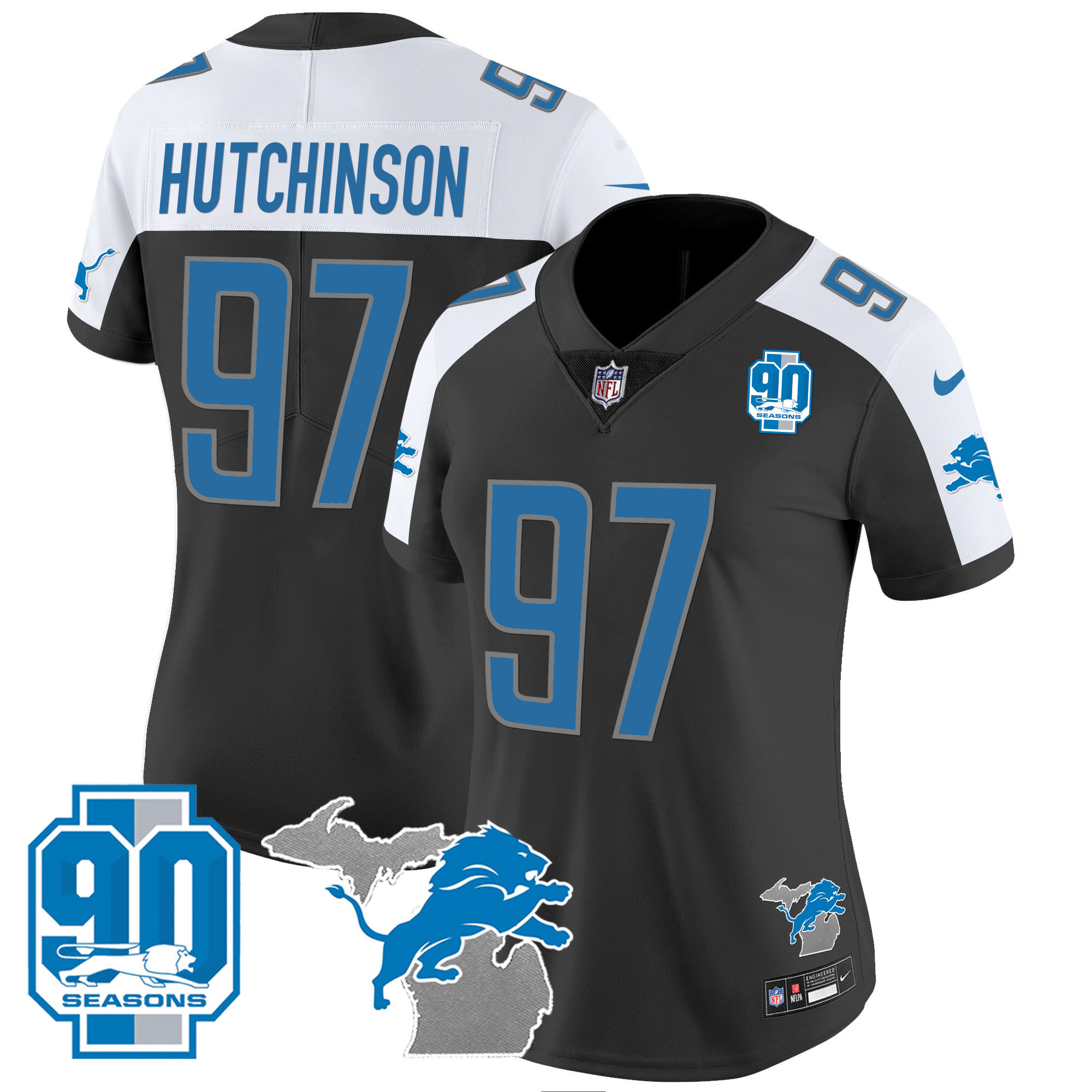 Hutchinson Women's Detroit Lions 90th Year & Michigan Patch Vapor Black Alternate Jersey - All Stitched